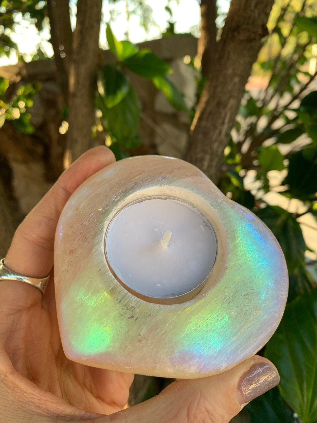 Angel Aura Selenite Heart Candle Holder: Peach Orange Decor