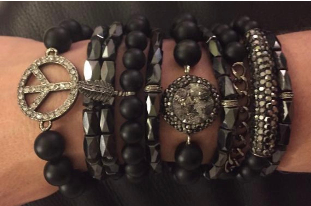 You choose Diamond & Onyx Bracelet, Pave Diamond Feather Bracelet, Matte Black Onyx Bracelet, Matte Quartz Stretchy Bracelet, Boho Chic