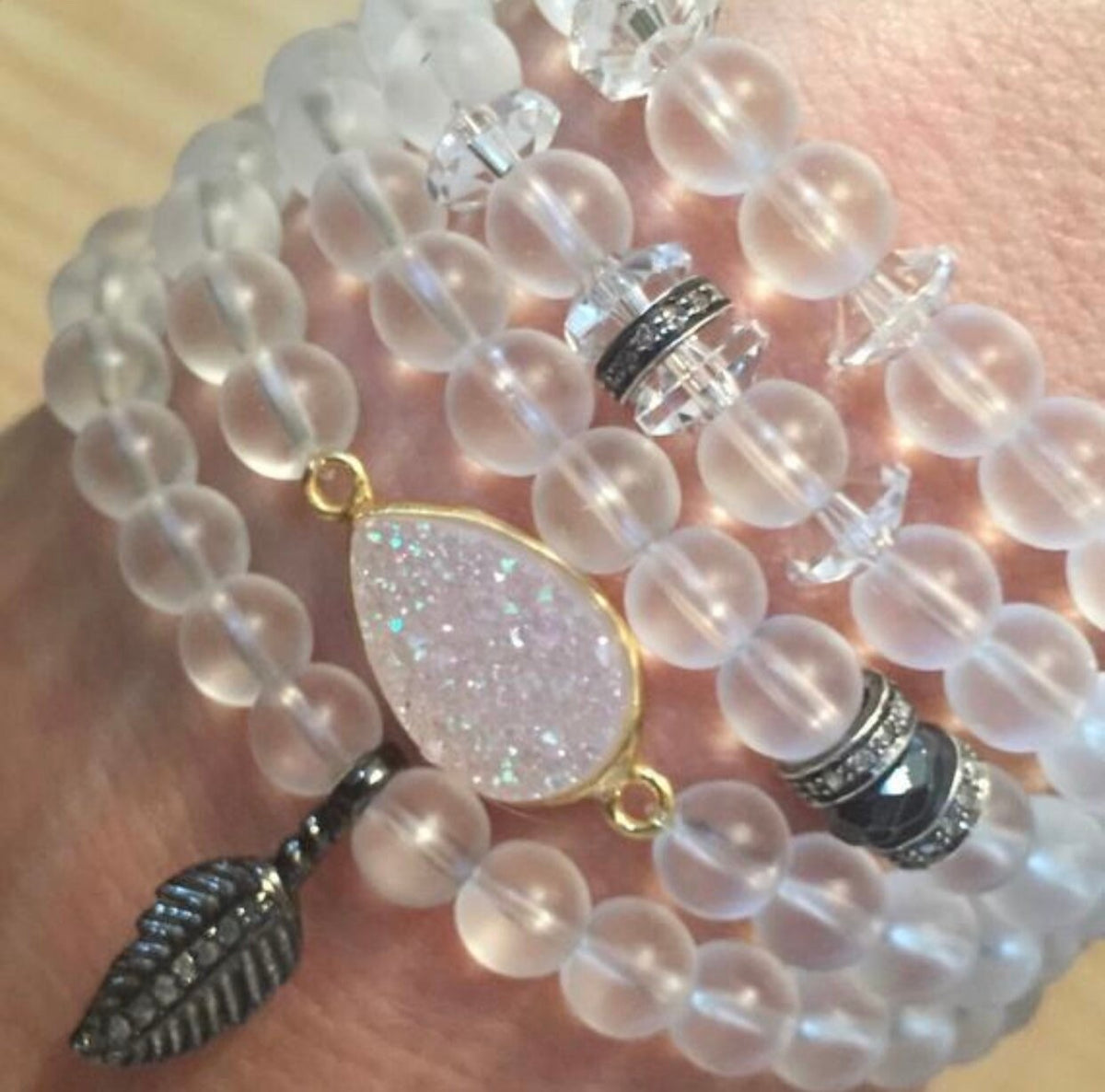 Diamond Feather Bracelet: Matte Onyx & Quartz Crystal, Boho Chic