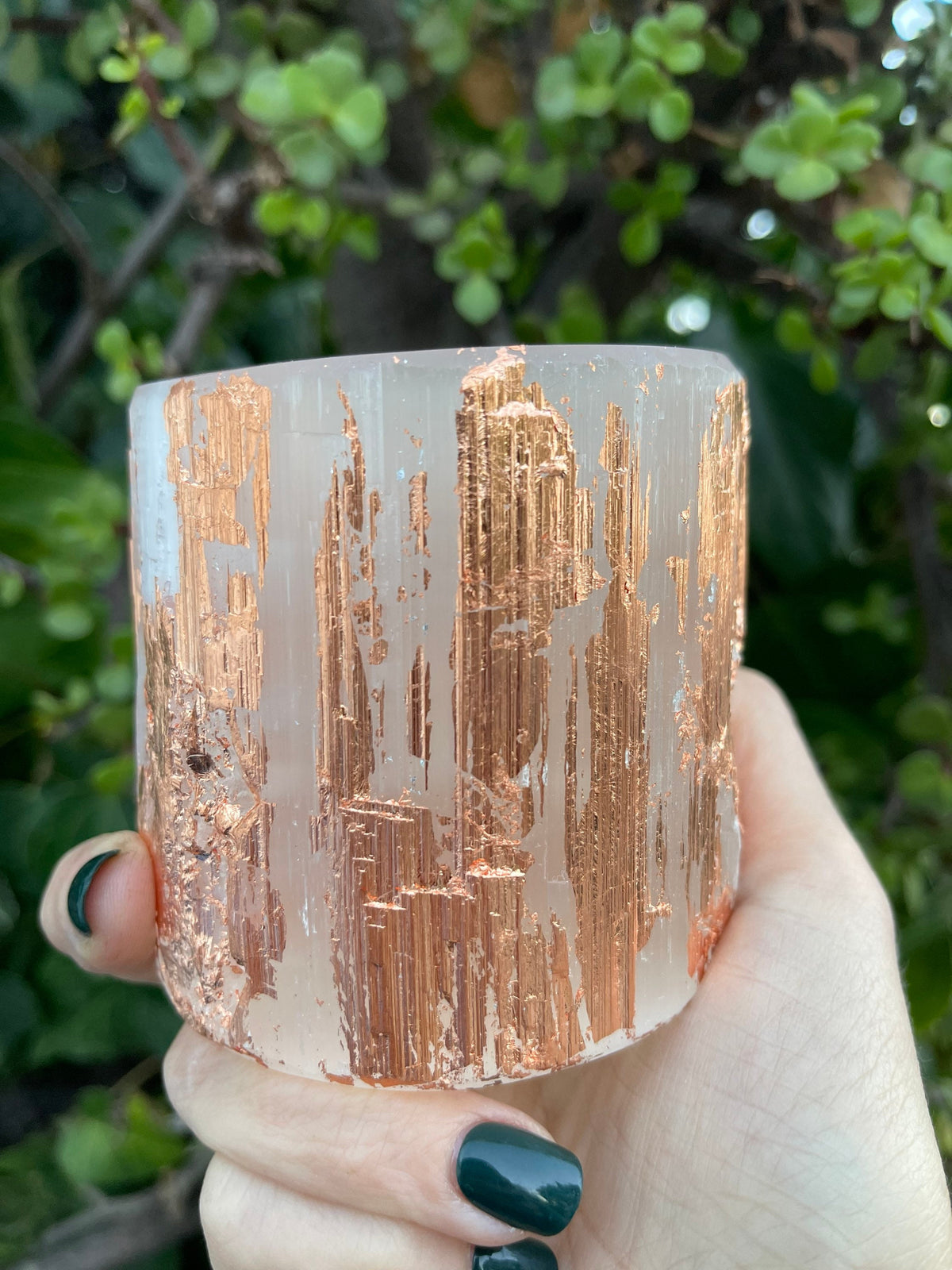 Rose Gold Leaf Selenite Candle Holder: Art Deco Wedding Decor
