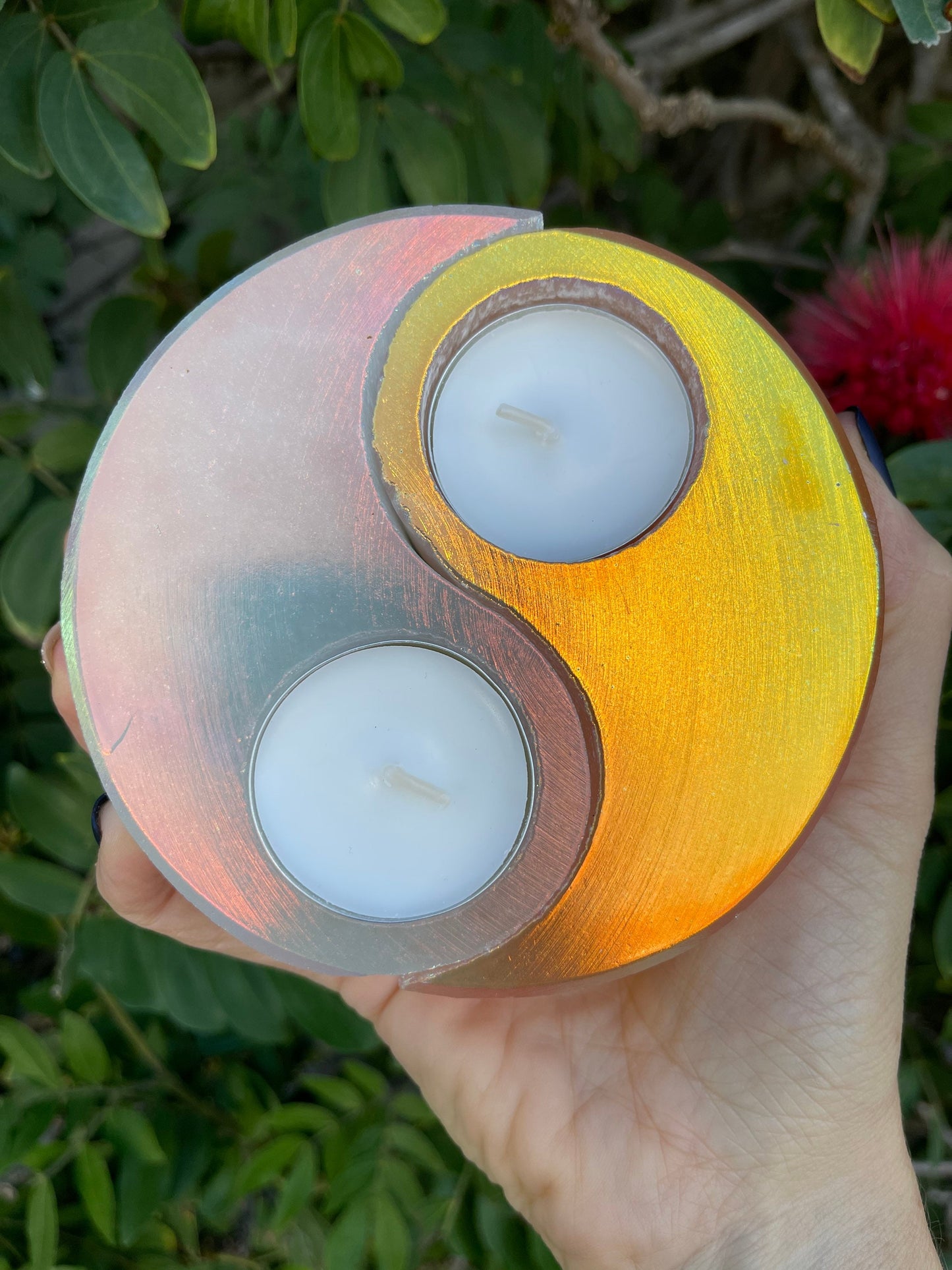 Angel Aura Selenite Yin Yang, Peach Selenite Candle Holder, Orange Selenite,Aura crystal candle, Accessories, Altar, Reiki, Feng Shui,