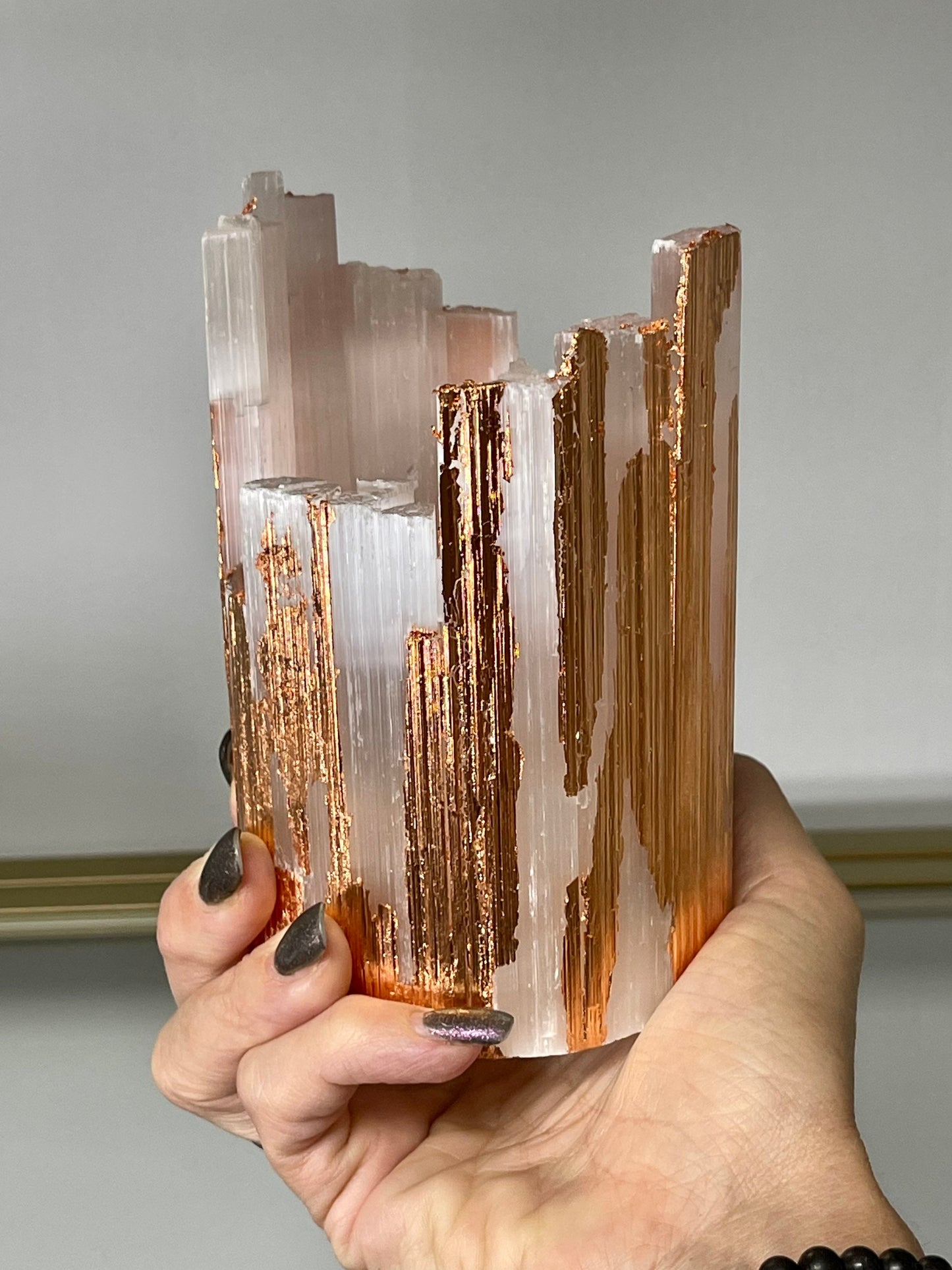 Rose Gold Leaf Selenite Candle Holder: Art Deco Home Decor
