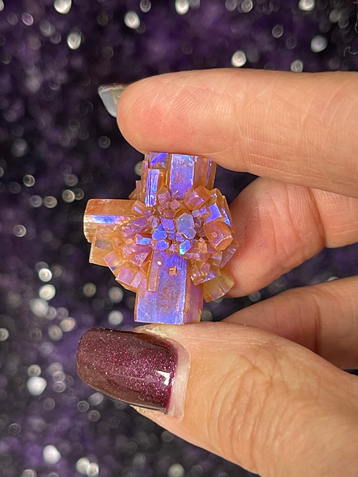 Small Angel Aura Aragonite Star Cluster: Rainbow Coated Crystal