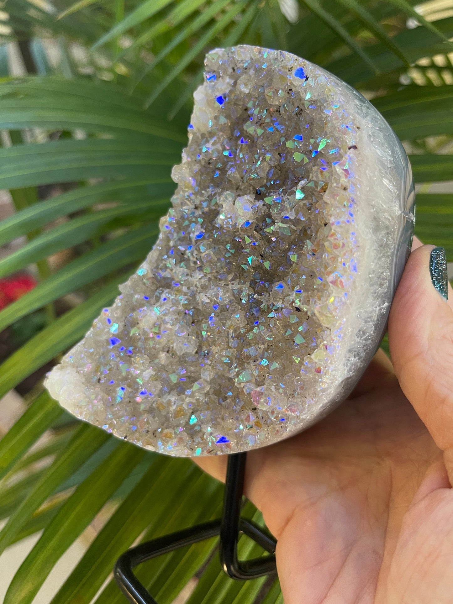 Angel Aura Amethyst Crescent Moon, Crystal Art, Aura Crystals, Aura Amethyst, Home Accessories, Home Decor, Amethyst, Aura Moon on stand