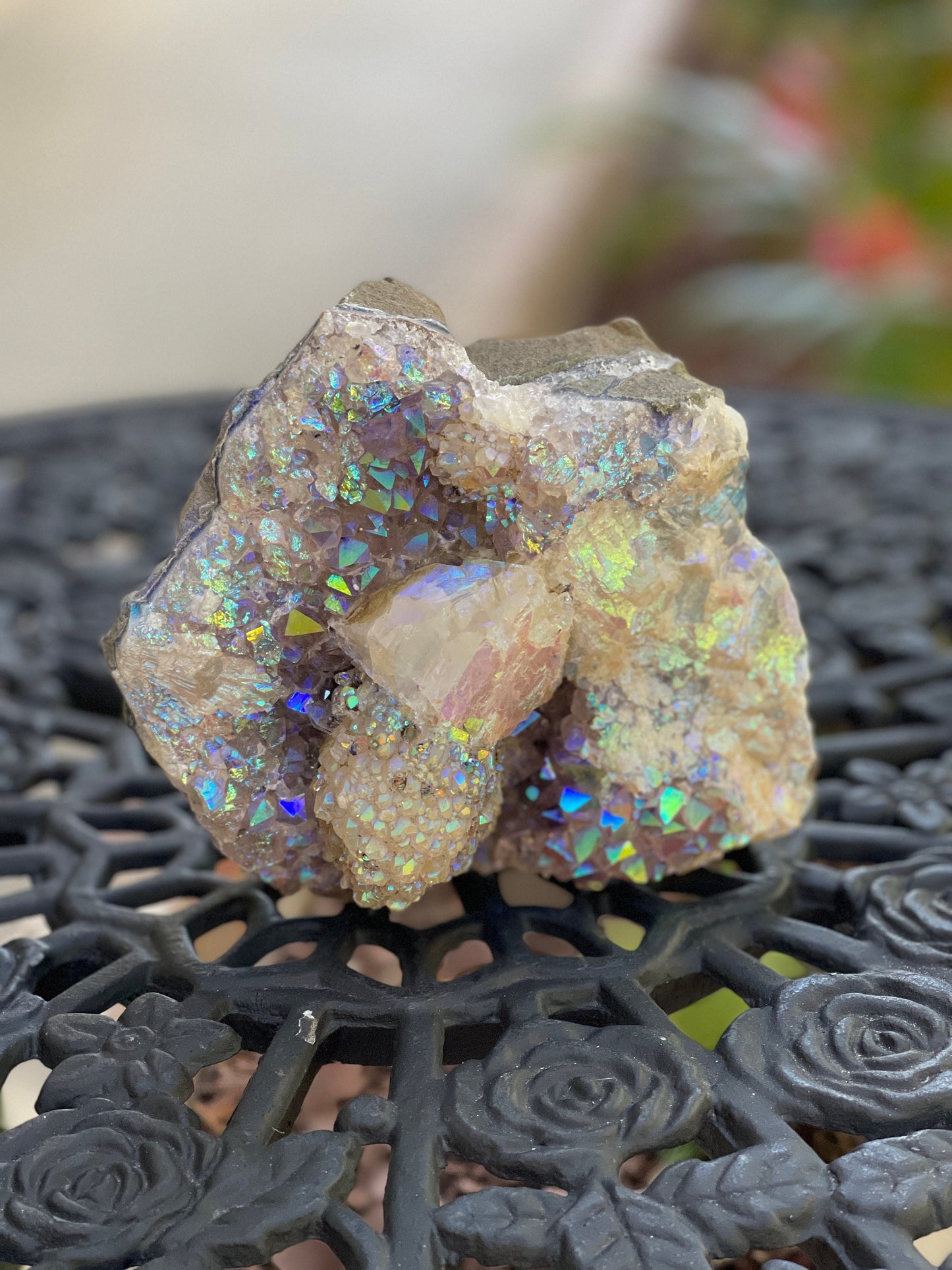 Angel Aura Amethyst Cut base, Galaxy Amethyst, Amethyst with Calcite, Aura Crystals, Druzy Quartz, Home Decor, Statement piece