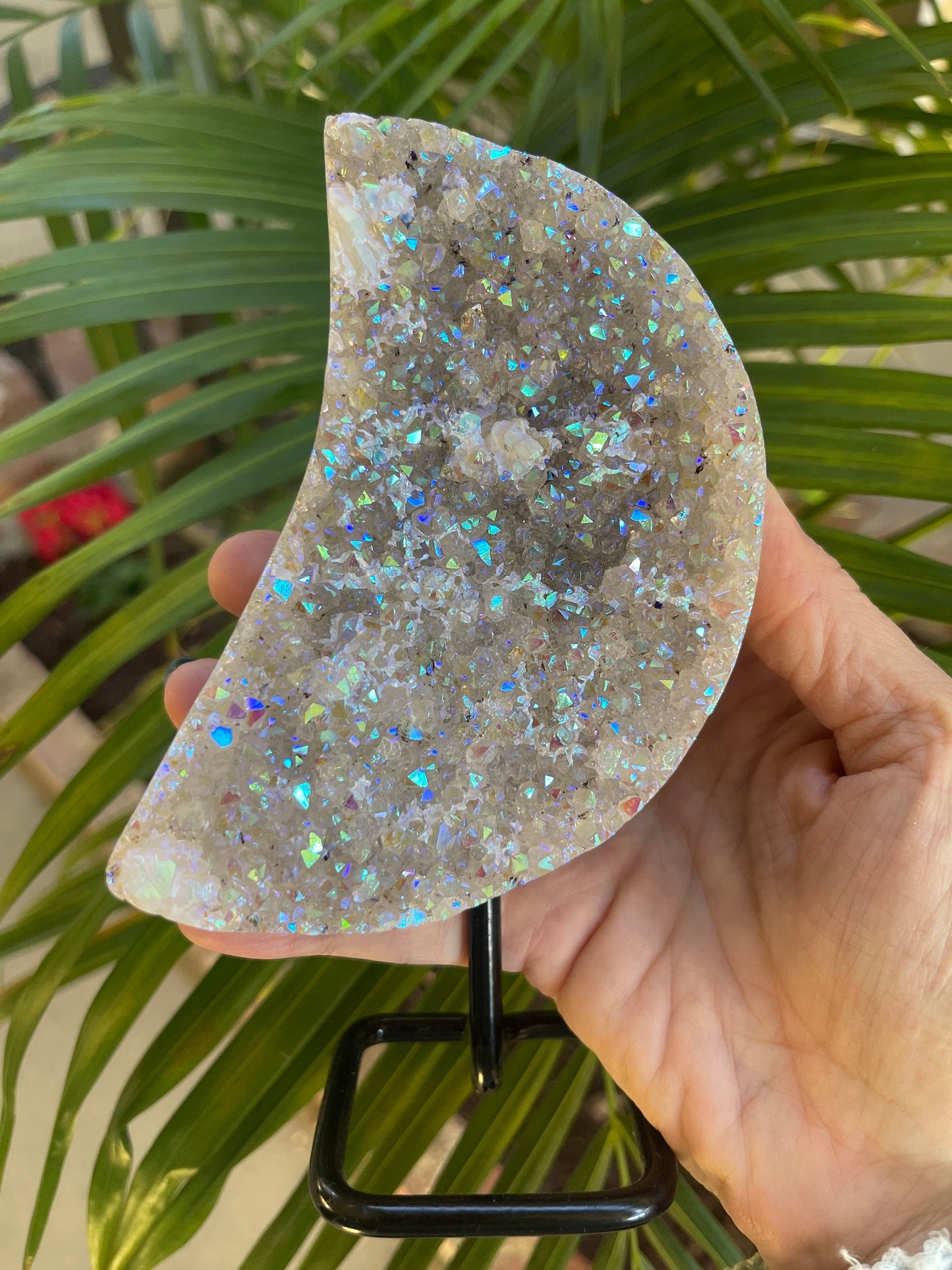 Angel Aura Amethyst Crescent Moon, Crystal Art, Aura Crystals, Aura Amethyst, Home Accessories, Home Decor, Amethyst, Aura Moon on stand