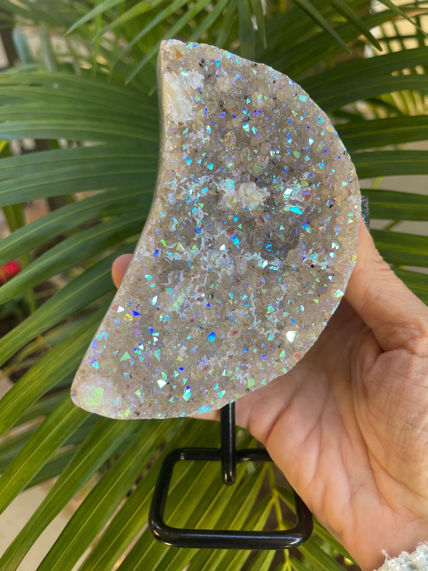 Angel Aura Amethyst Crescent Moon, Crystal Art, Aura Crystals, Aura Amethyst, Home Accessories, Home Decor, Amethyst, Aura Moon on stand