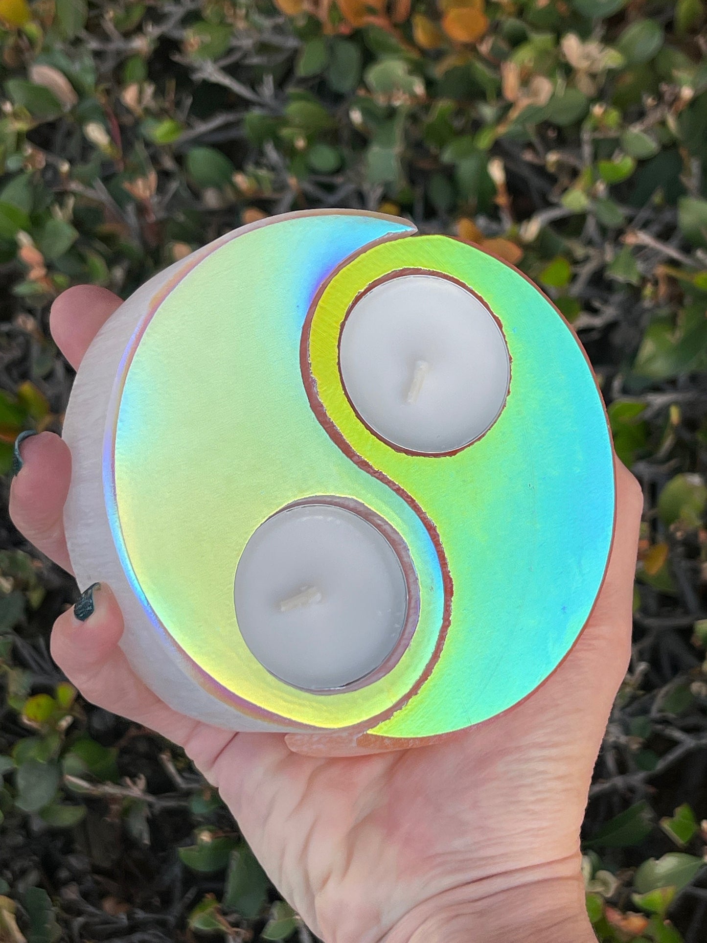 Angel Aura Selenite Yin Yang, Peach Selenite Candle Holder, Orange Selenite,Aura crystal candle, Accessories, Altar, Reiki, Feng Shui,