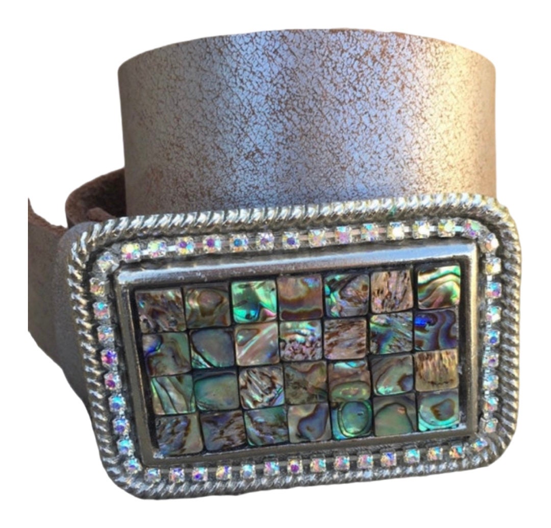 Abalone Belt buckle, Swarovski crystal belt buckle, Gemstone Belt buckles, Art Deco belt buckle, Leather snap belt