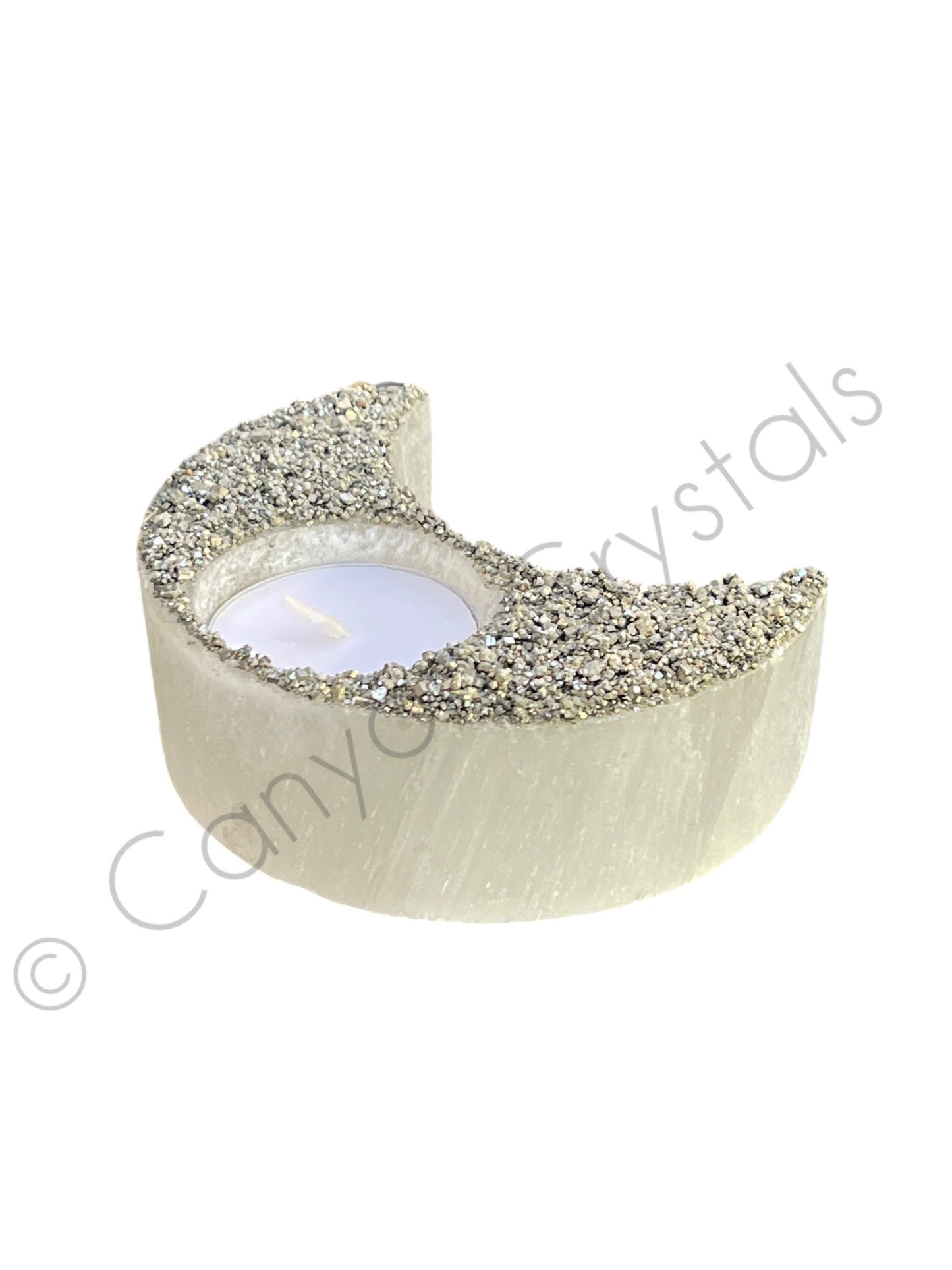 Selenite Home Decor, Selenite Moon Candle Holder, Pyrite Moon Candle, Selenite Carvings, Moon Crystals, Crystal Candle Holder,Holiday gifts