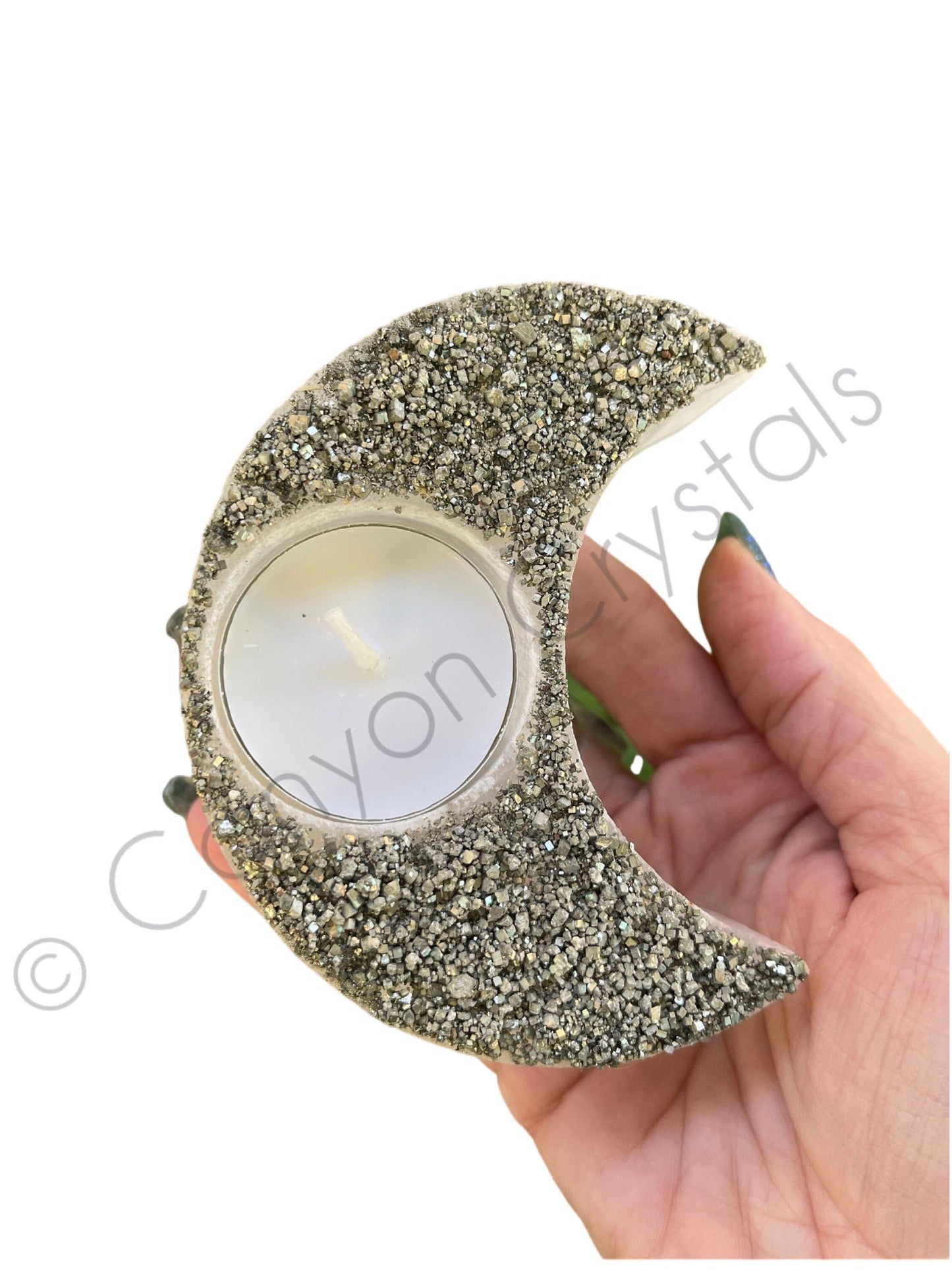 Selenite Home Decor, Selenite Moon Candle Holder, Pyrite Moon Candle, Selenite Carvings, Moon Crystals, Crystal Candle Holder,Holiday gifts