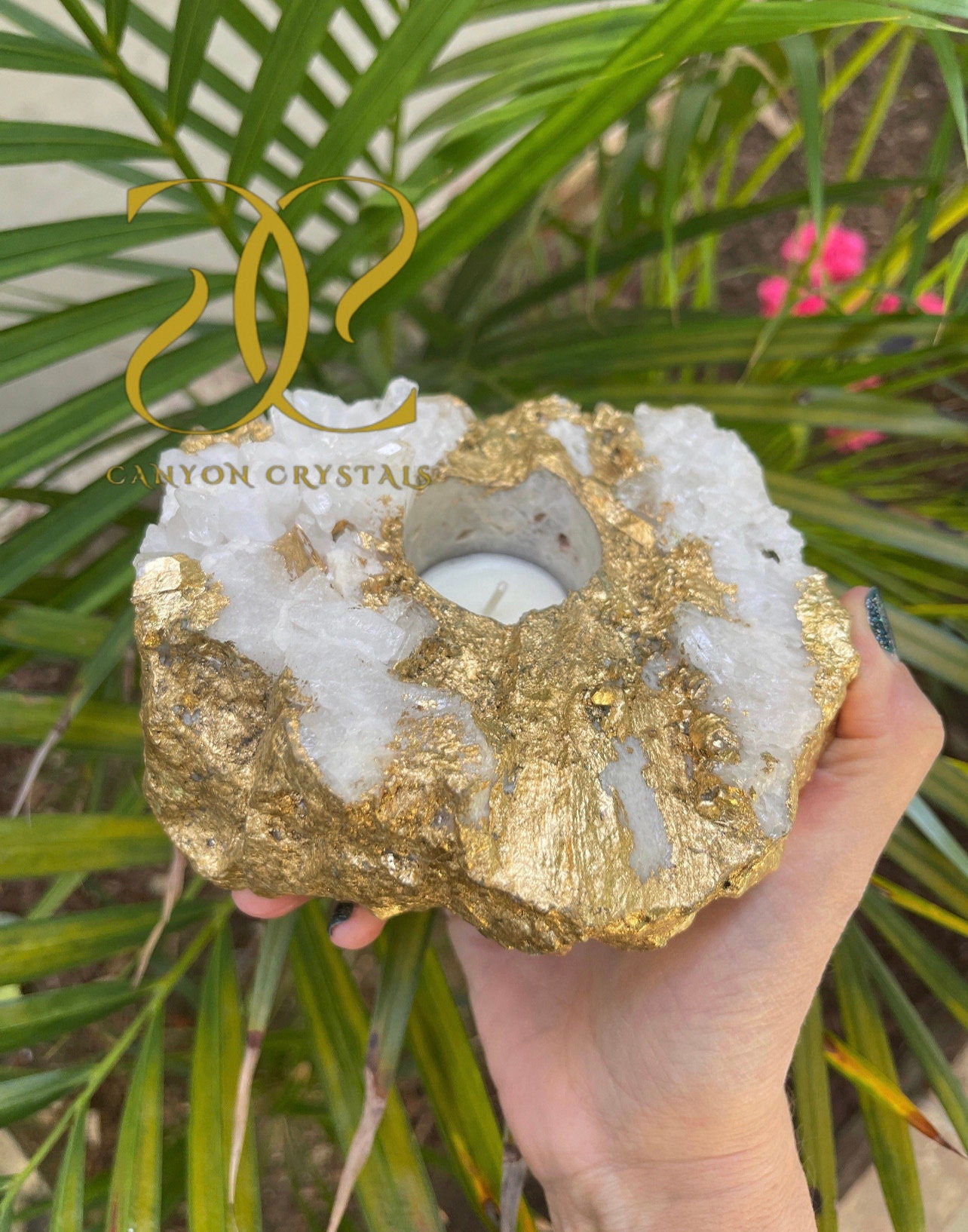 Gold Leaf Quartz Candle Holder, Unique Gold Candle Holder, Candle Holder, Gemstone Candles, Quartz Cluster, One of a kind Home Decor