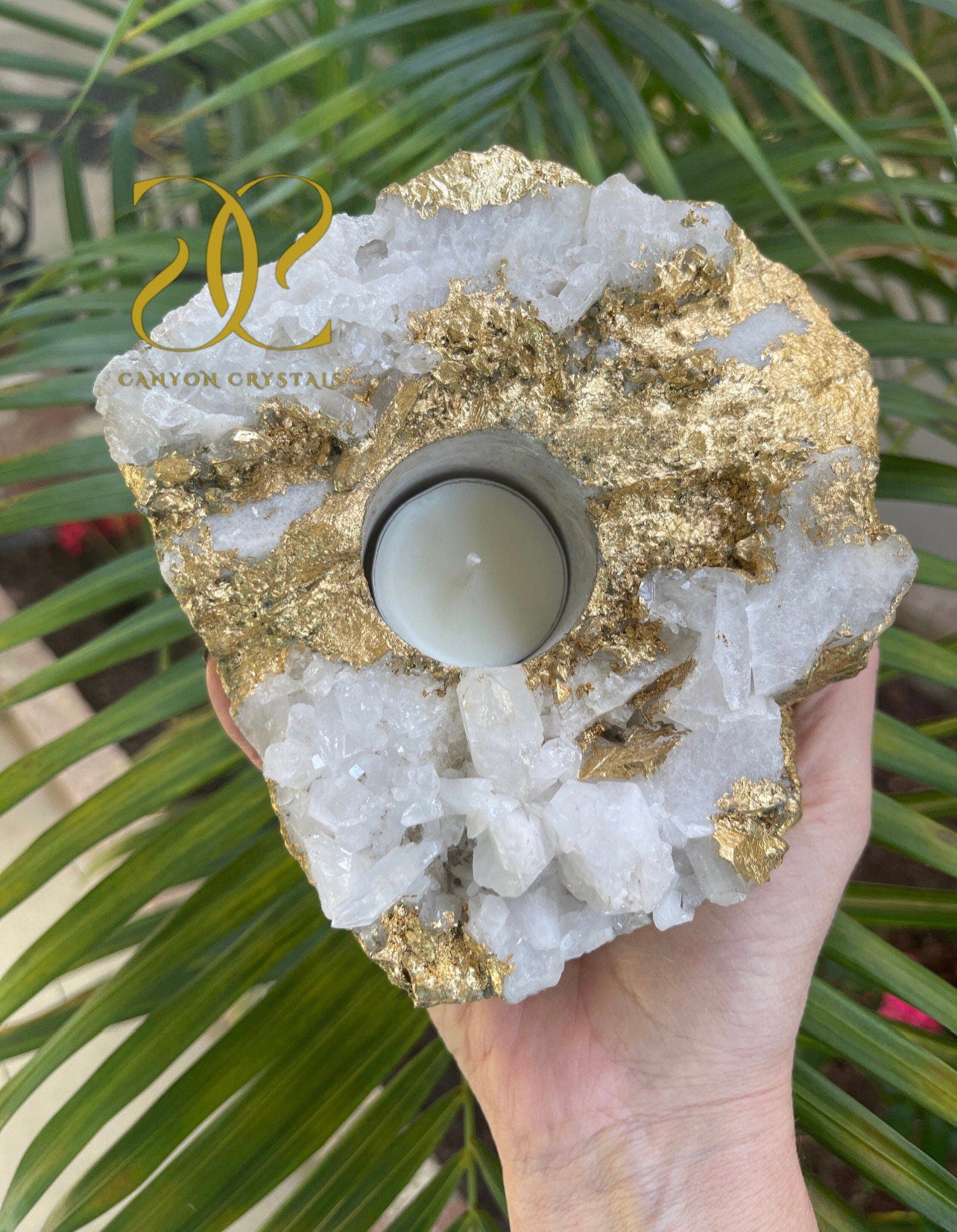 Gold Leaf Quartz Candle Holder, Unique Gold Candle Holder, Candle Holder, Gemstone Candles, Quartz Cluster, One of a kind Home Decor