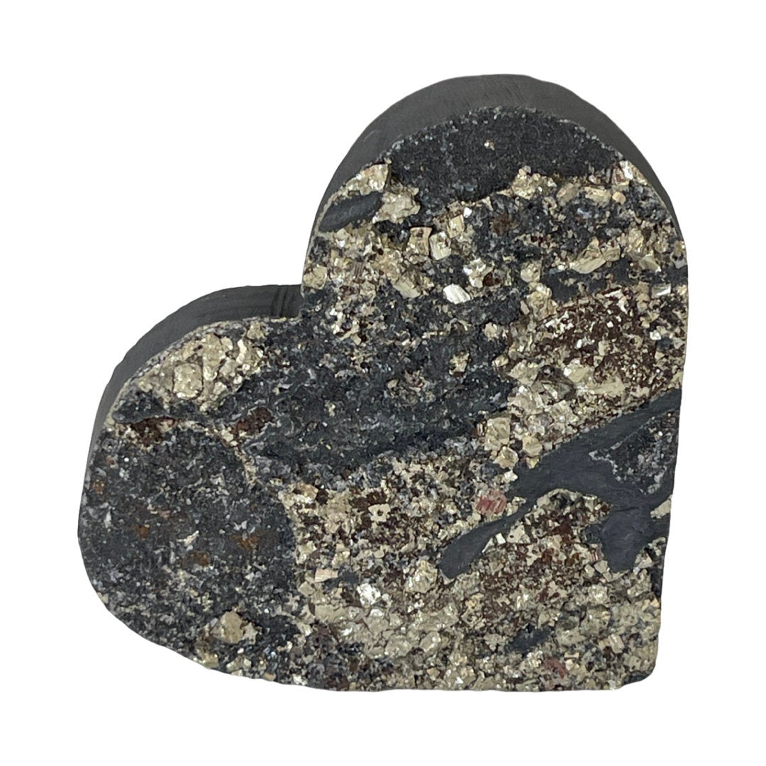 Natural Shungite with Pyrite Heart, Self Standing Pyrite heart, EMF Protection, Shungite Heart, Abundance Stone, Home Decor