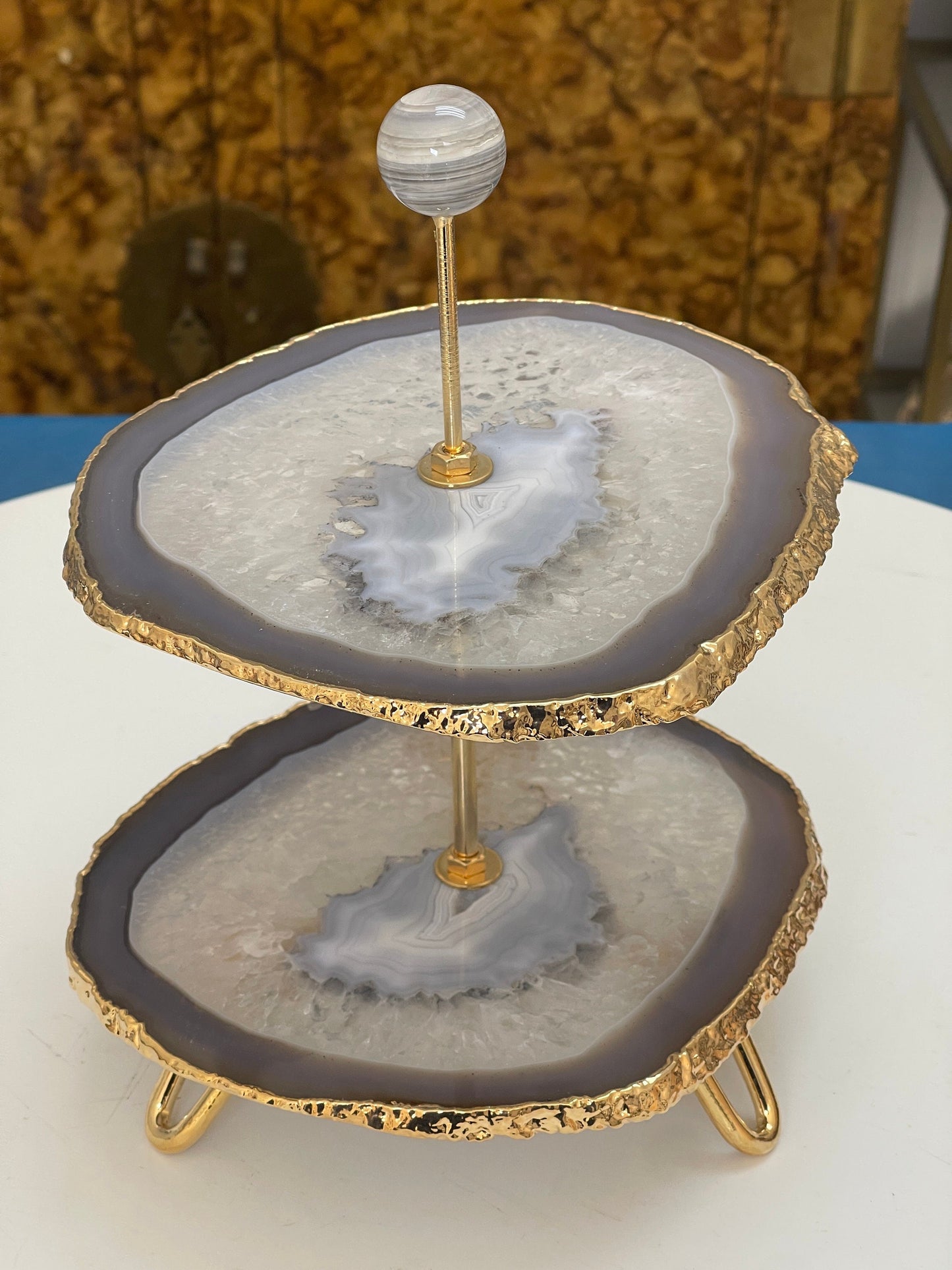 Two Tier Agate Serving Tray, Gold Electroform Agate Desert Tray, Unique Home Decor, Elegant Wedding Gifts, Beautiful Housewarming Gift