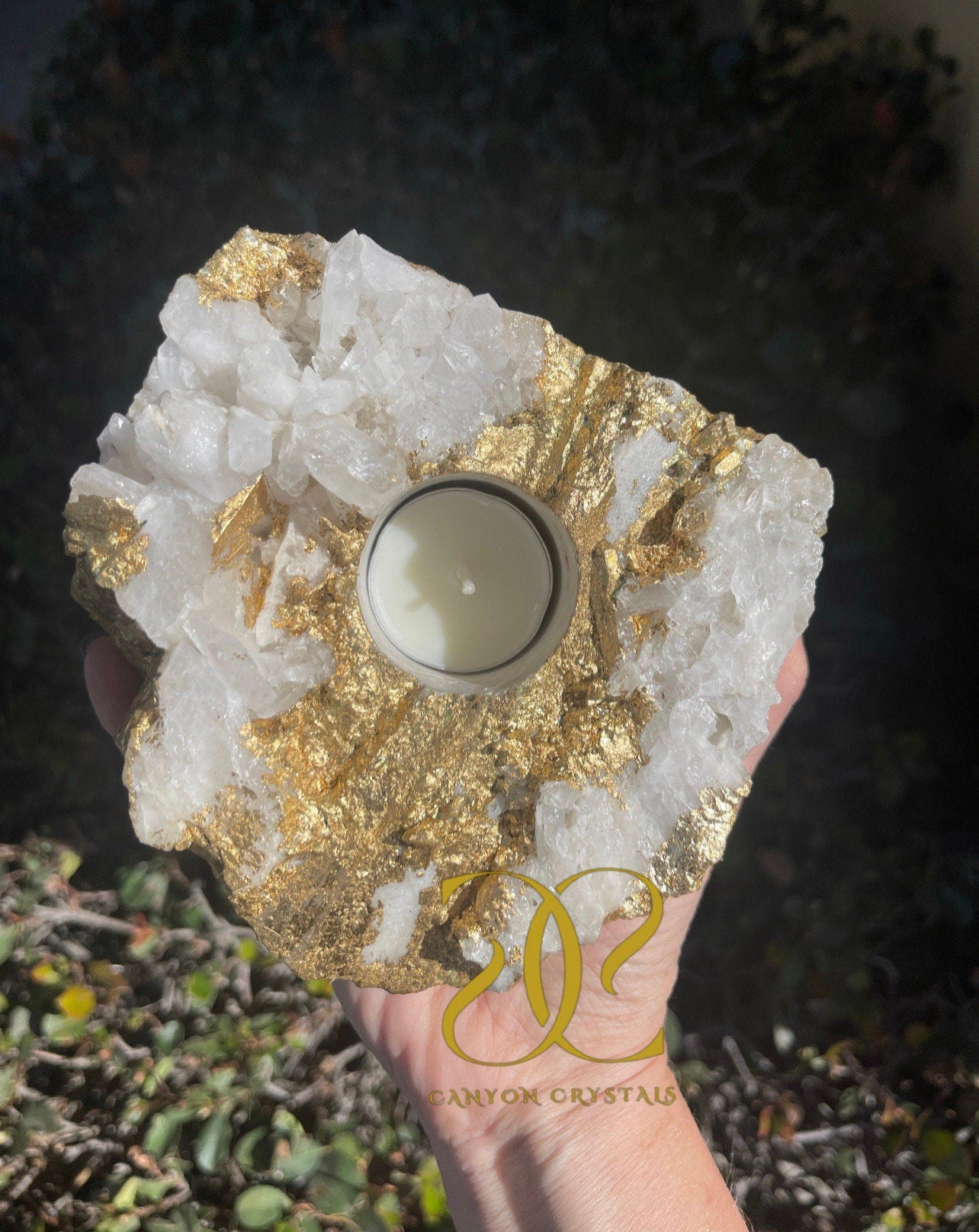 Gold Leaf Quartz Candle Holder, Unique Gold Candle Holder, Candle Holder, Gemstone Candles, Quartz Cluster, One of a kind Home Decor
