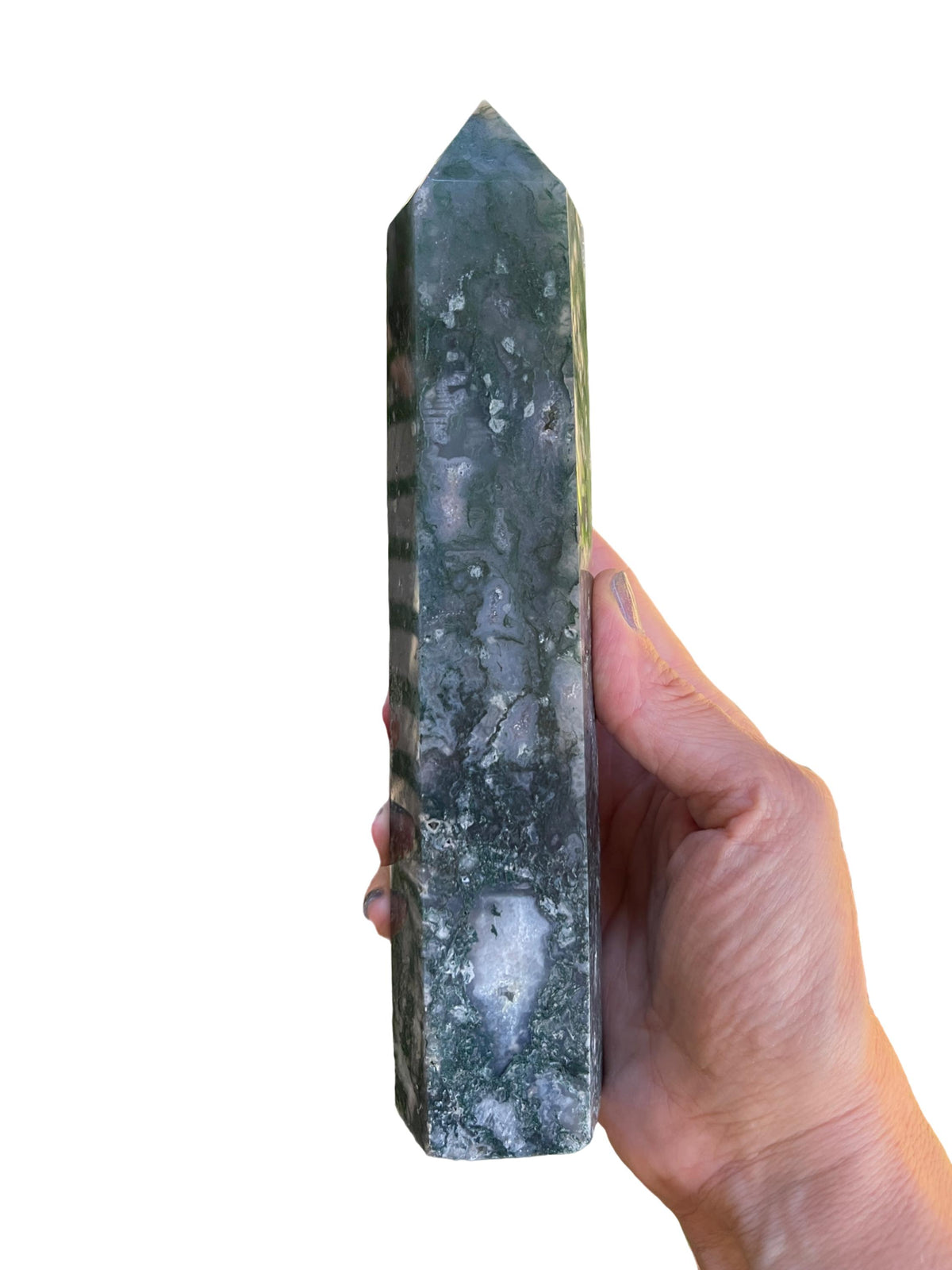 Druzy Moss Agate Tower: Reiki Charged Crystal Obelisk (8.25")