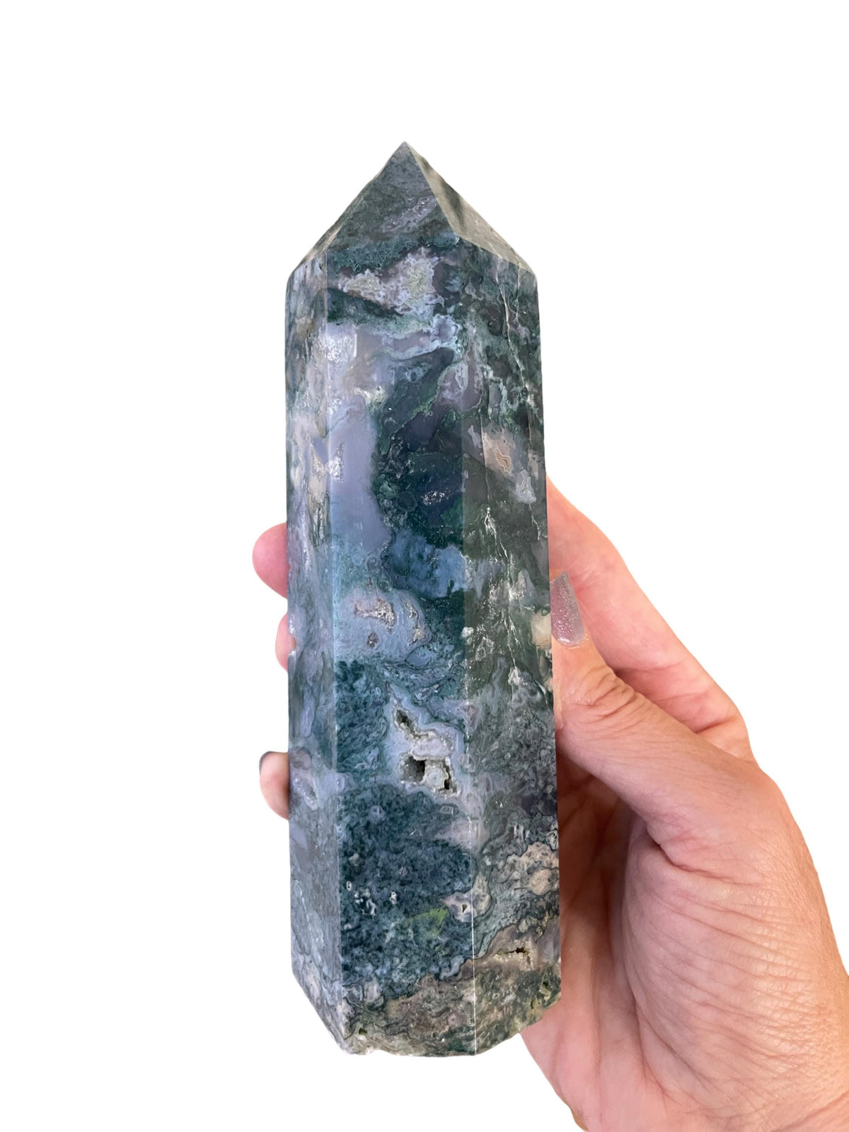 Moss Agate Crystal Tower: Druzy Pockets, Reiki Charged (6.75" x 1.75")