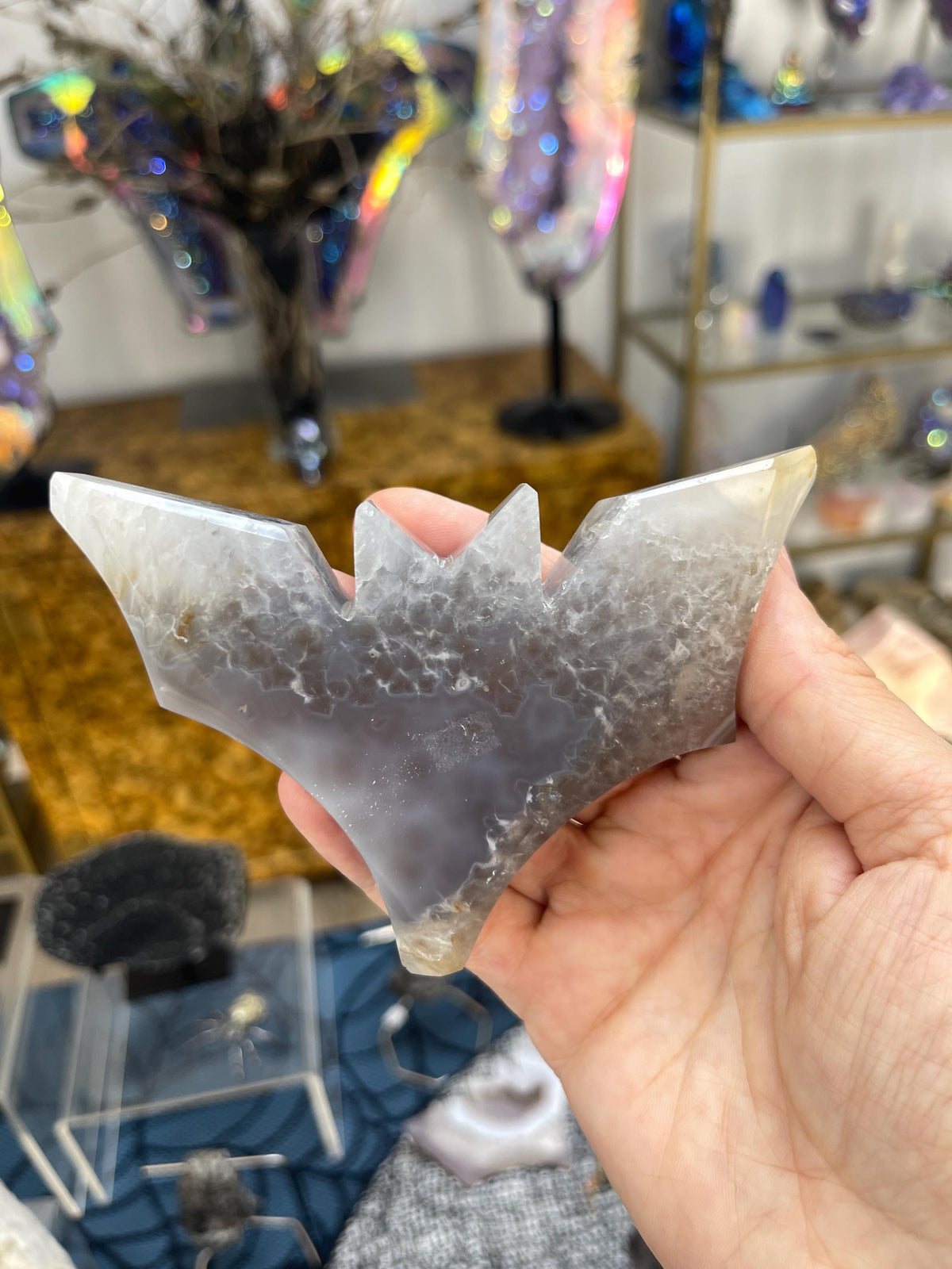 Druzy Agate Bat Carving: Halloween Crystal Decor