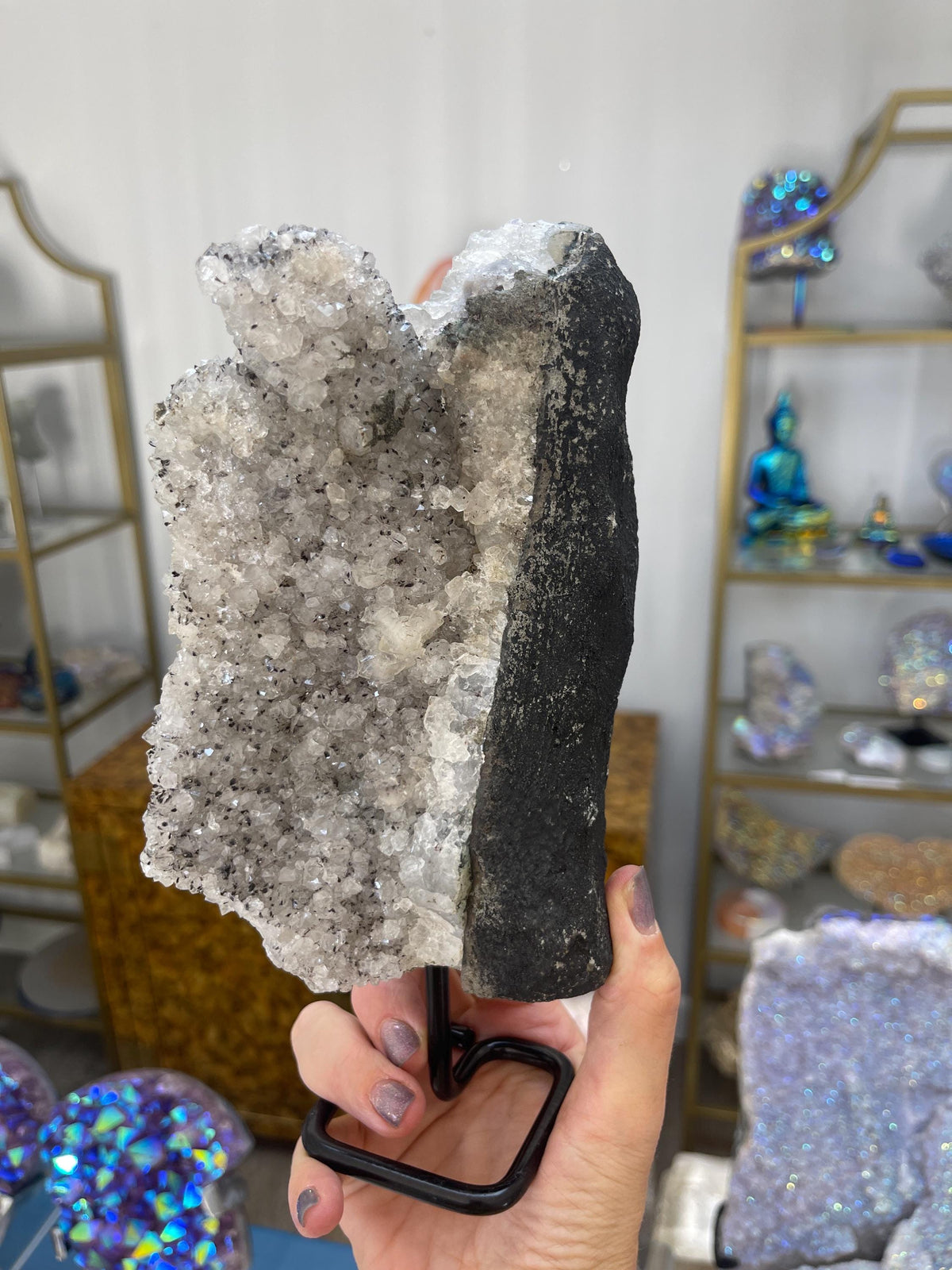 Angel Aura Quartz Druzy: Luxury Statement Crystal on Stand