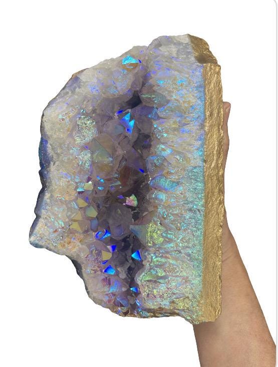Angel Aura Amethyst with Gold Cut base, Amethyst Statement Piece, Aura Crystals, Angel Aura Quartz, Home Decor, Luxury Crystal Decor