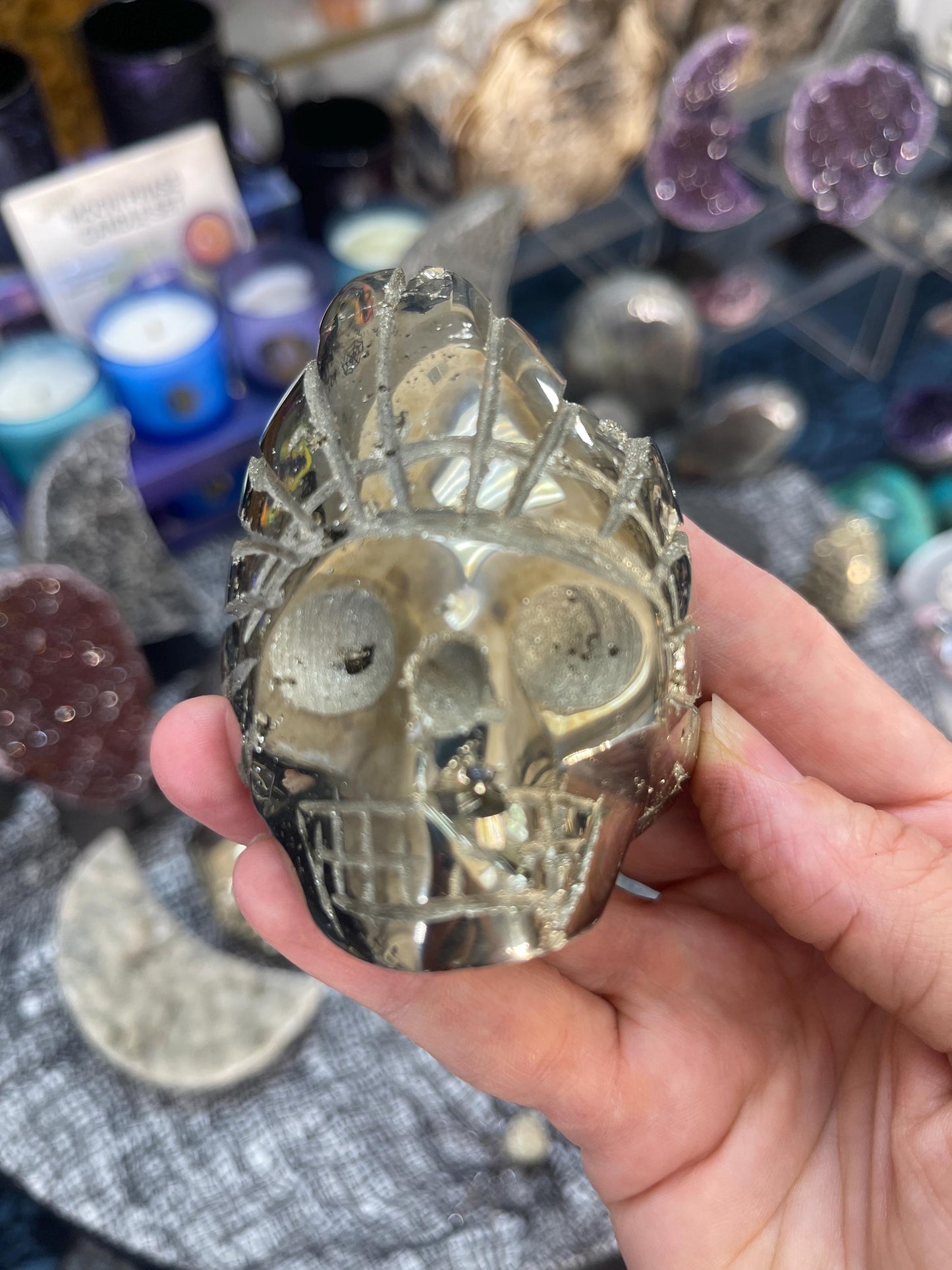 Pyrite Indian Head Skull Carving with Galena, Crystals for Abundance, Protection, Grounding and Spiritual Wisdom, Pyrite Carving,