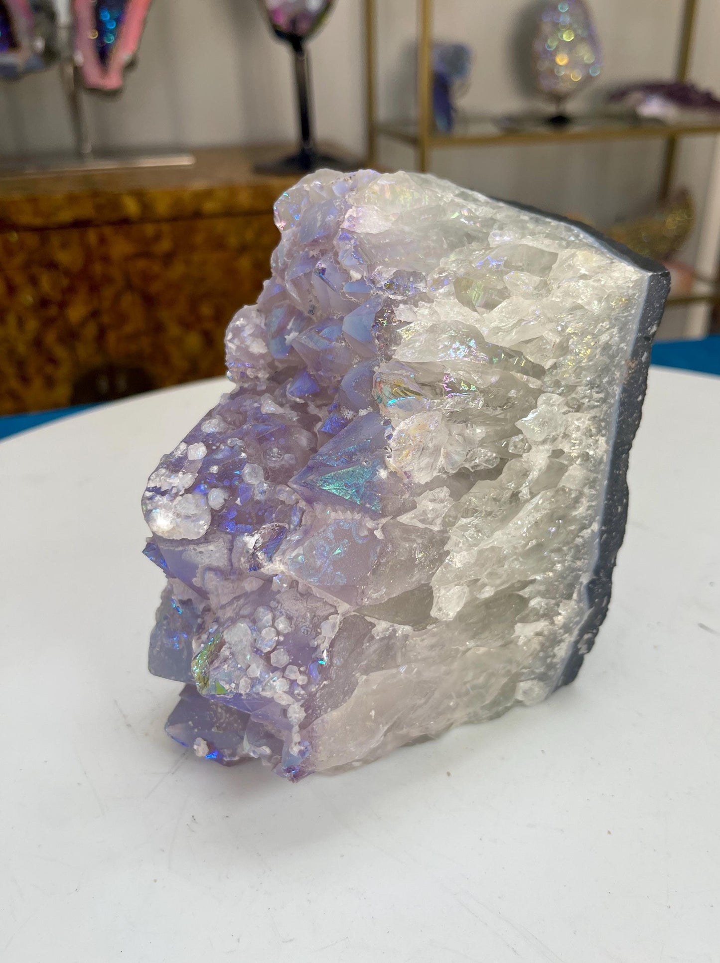 Angel Aura Amethyst Cut base, Druzy Amethyst, Amethyst with Calcite, Aura Crystals, Druzy Quartz, Home Decor, Statement piece