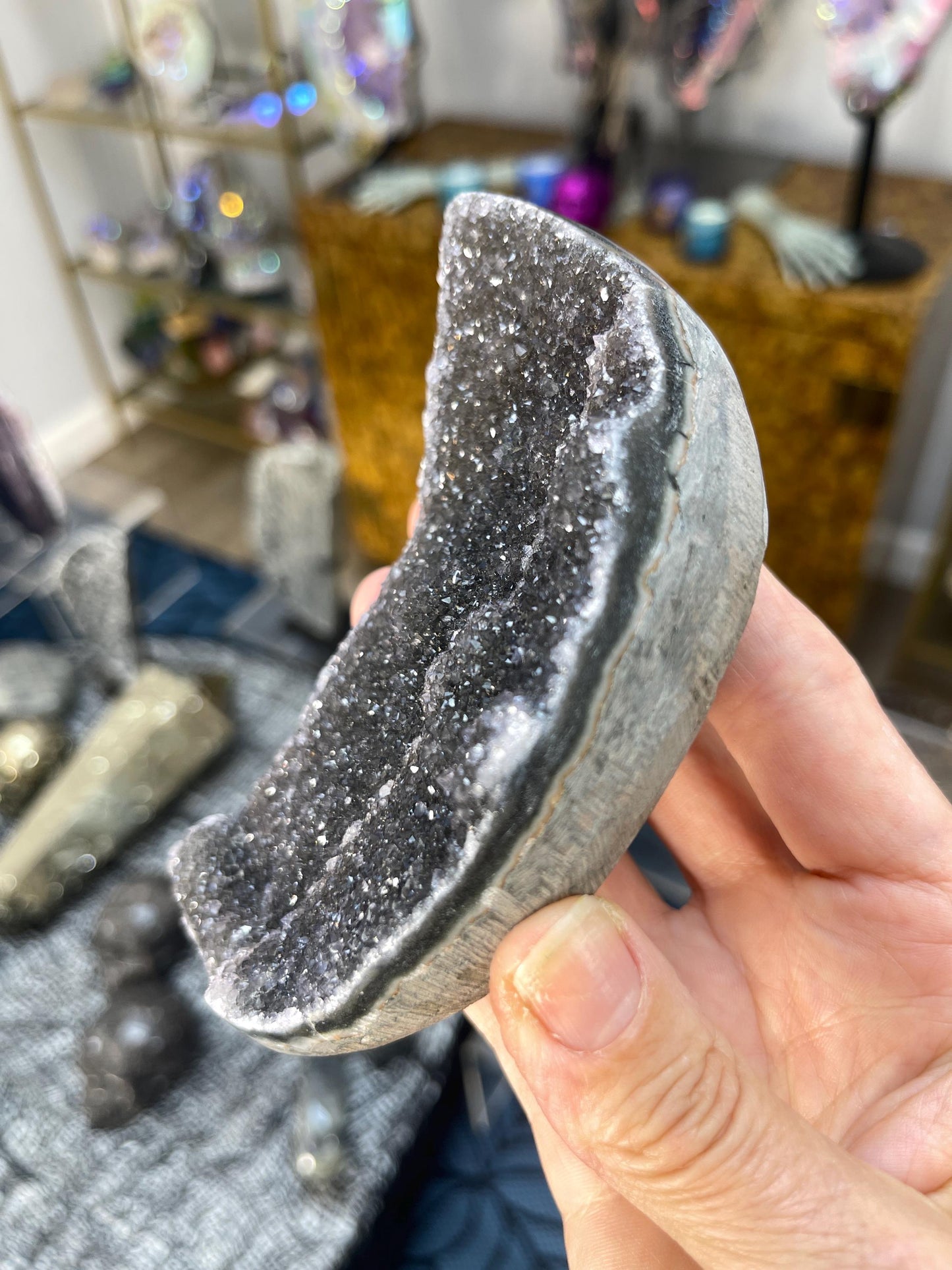 Black Galaxy Amethyst Moon, Black Druzy Moon, Crescent Moon, Halloween Crystals, Home Decor, Moon Crystals, Crystals for Moon Cermonies,
