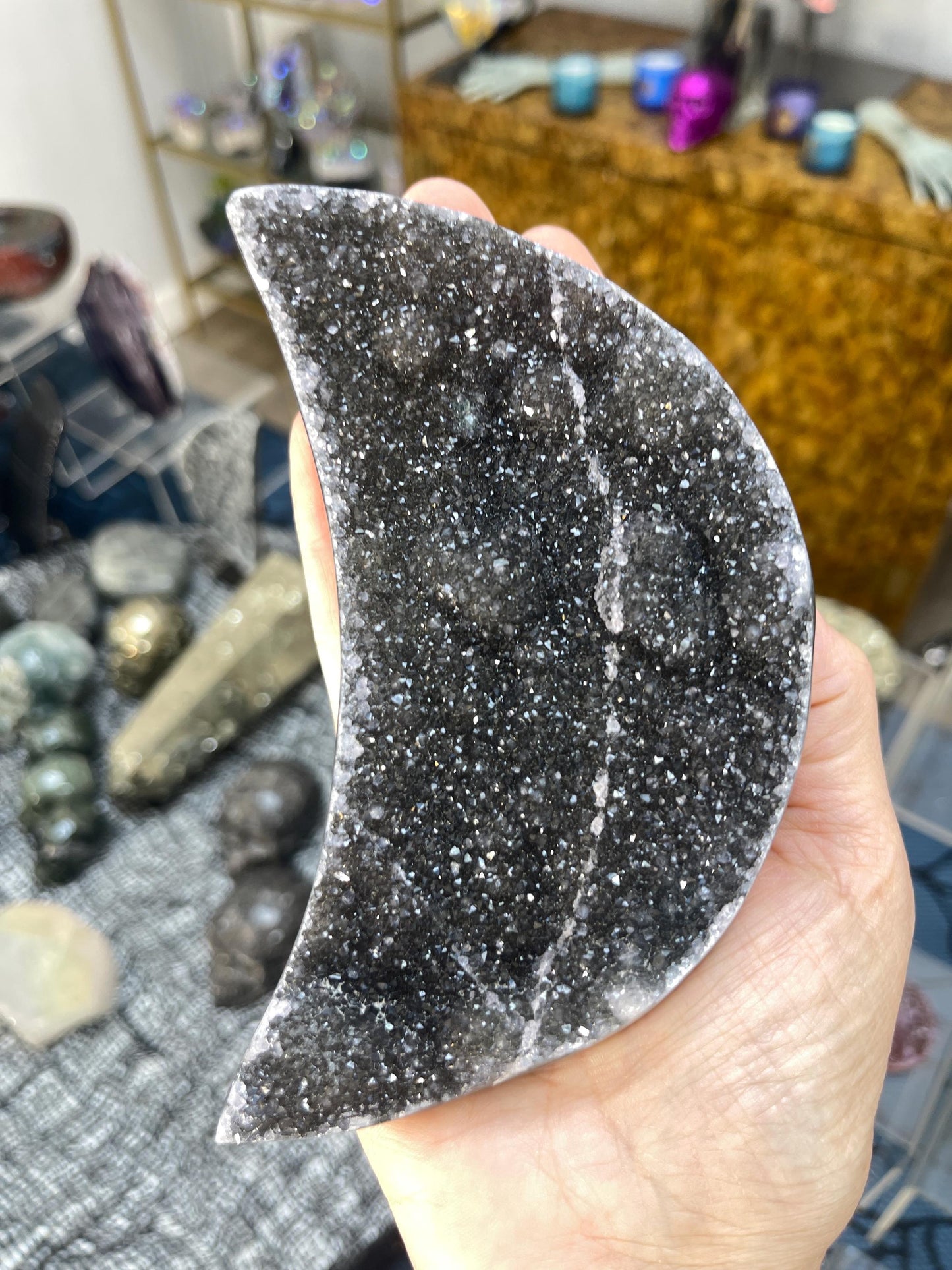 Black Galaxy Amethyst Moon, Black Druzy Moon, Crescent Moon, Halloween Crystals, Home Decor, Moon Crystals, Crystals for Moon Cermonies,