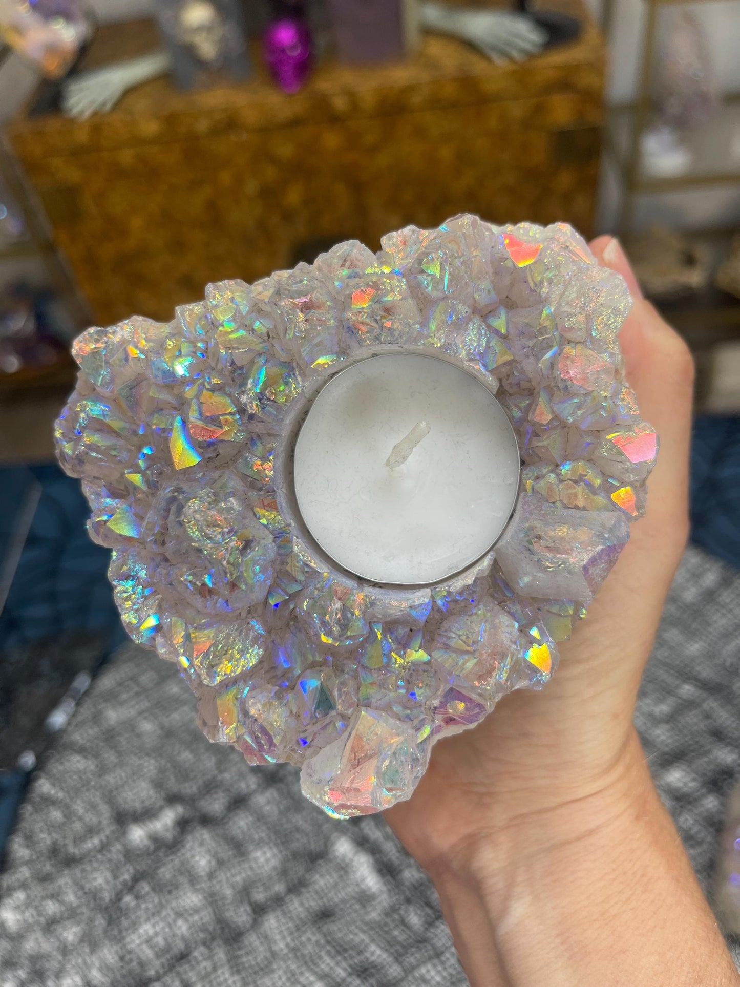 Angel Aura Candle Holder, Aura Amethyst Candle Holder, Rainbow Aura Crystals, Home Decor, Crystal Candleholders, Angel Aura Quartz