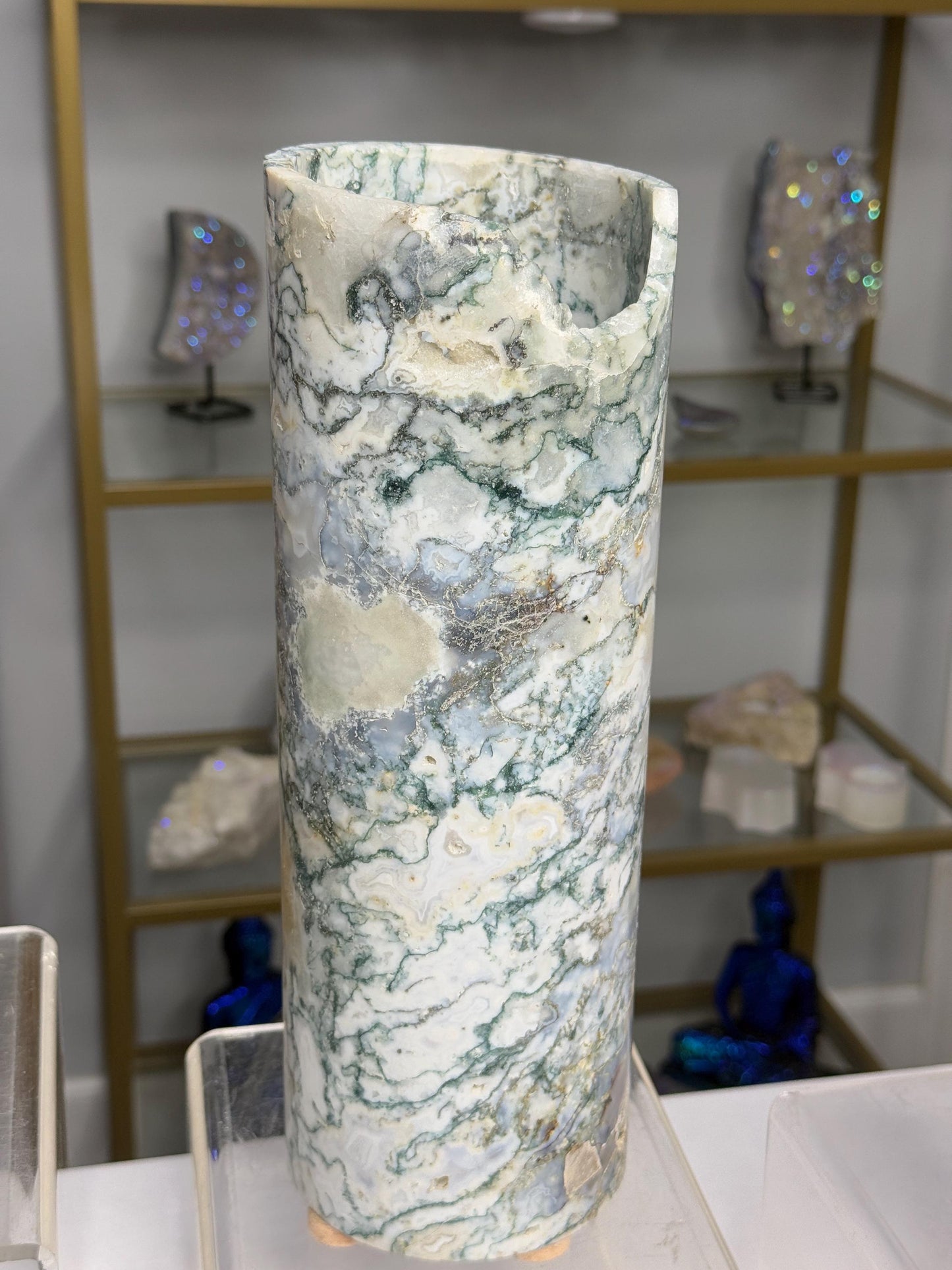Hand-Carved Green Jasper Crystal Lamp: Natural Stone Column, Elegant Home Decor
