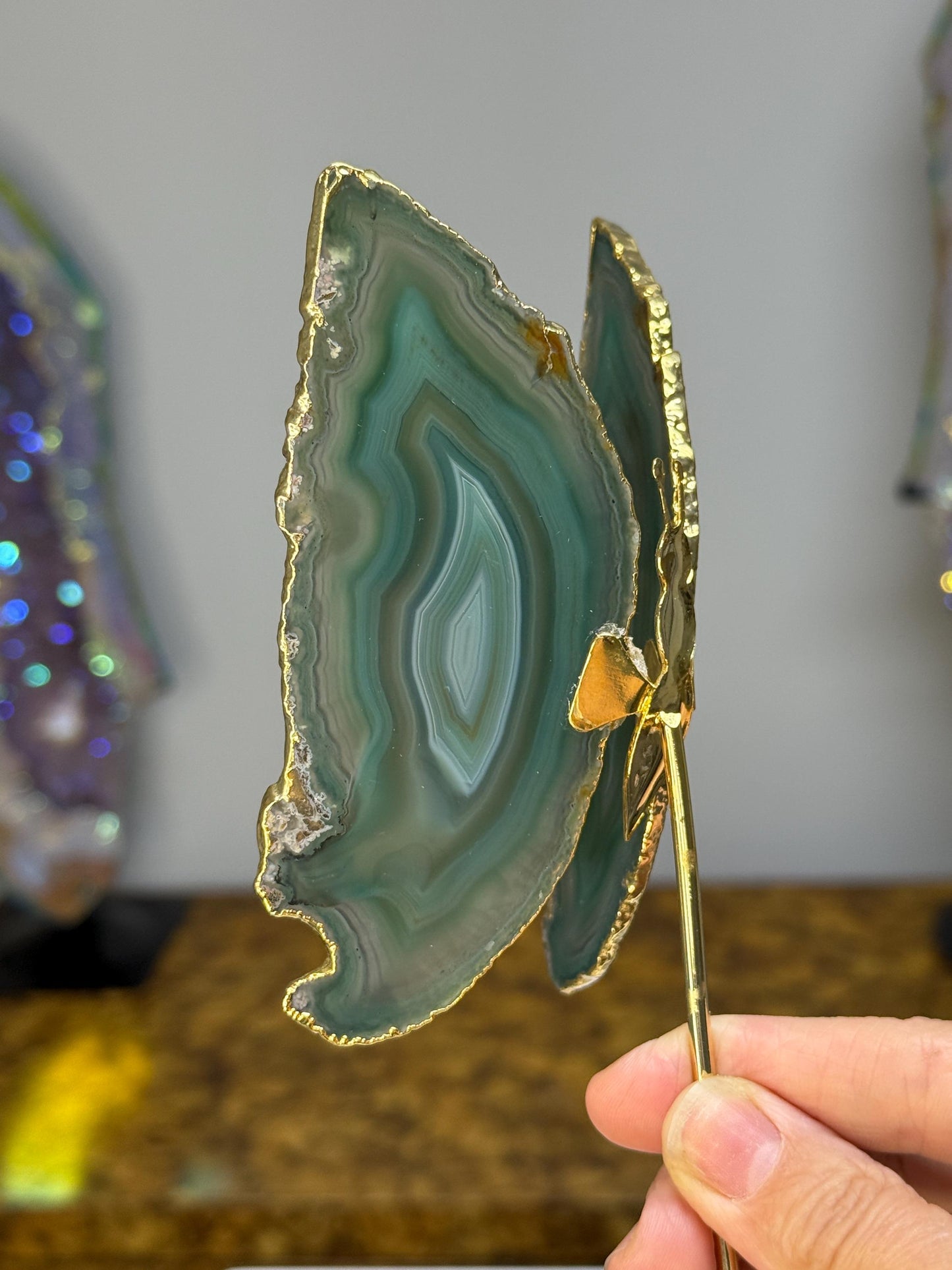 Gold Plated Green Agate Butterfly on Stand, Crystal Butterfly, Agate Slice Butterfly, Crystal Home Decor, Gift for Butterfly Lover