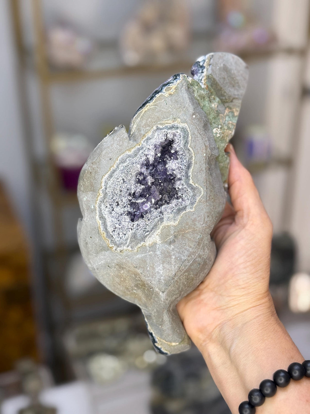 Amethyst Leaf Crystal on Stand: Polished Edges, Home Decor