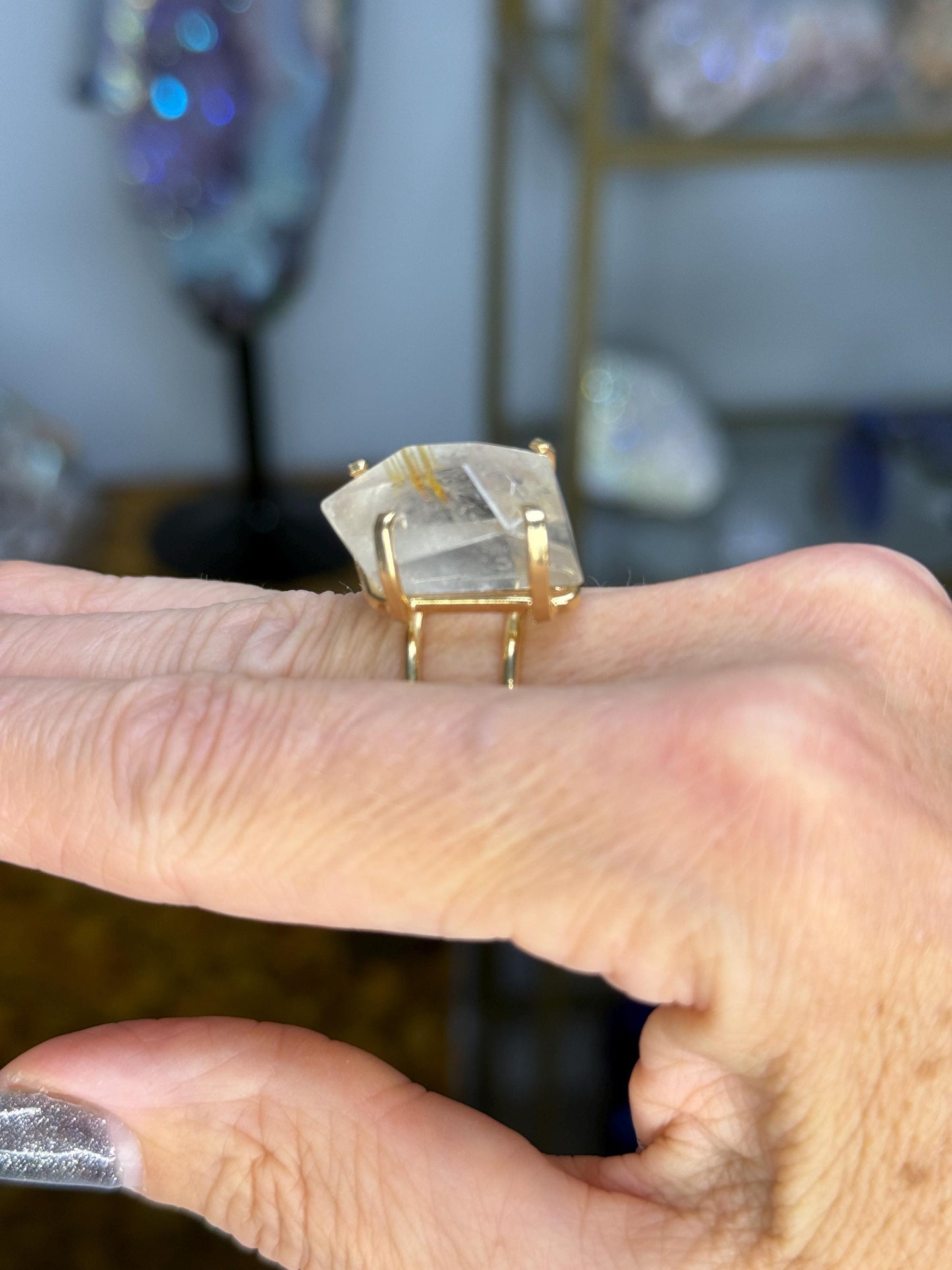 Gold Plated Rutile Quartz Statement Ring: Adjustable Crystal Healing Jewelry