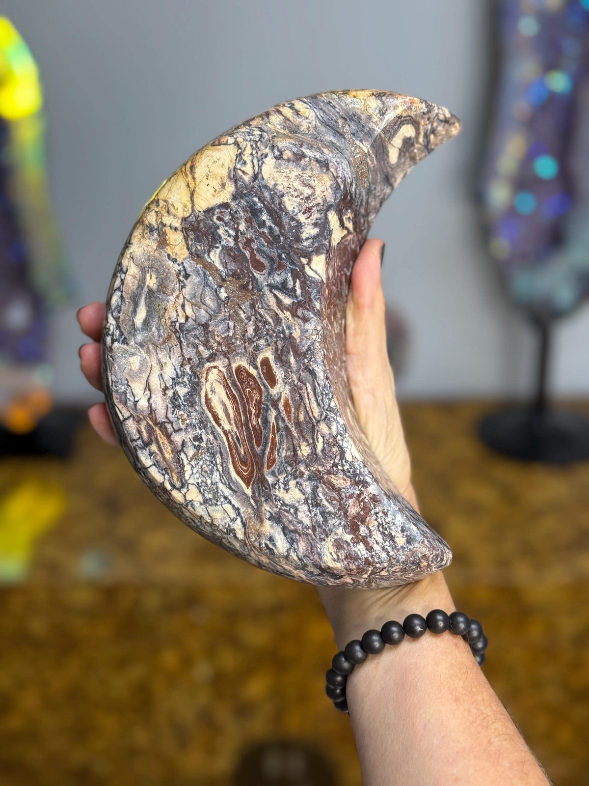 Large Batik Jasper Moon Bowl | Crescent Moon Crystal Dish | Healing Stone Decor | Boho Altar