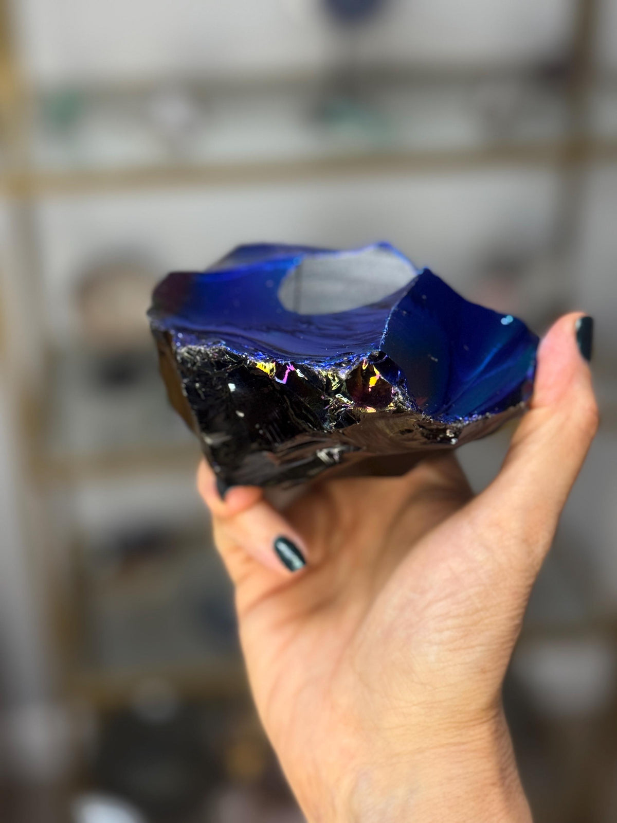 Angel Aura Obsidian Candle Holder, Iridescent Blue and Green Crystal Decor