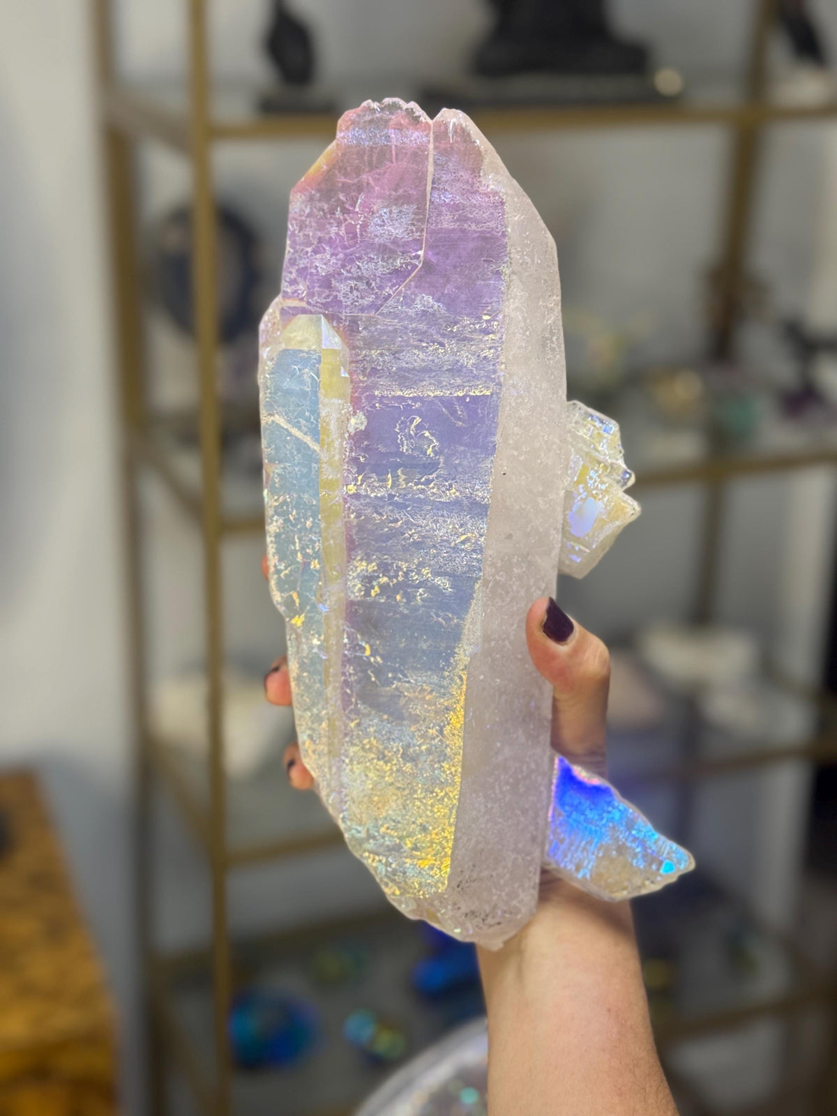 Aura Quartz Shard on Stand, Iridescent Angel Aura Quartz Crystal, Rainbow Quartz Sculpture, Luxury Crystal Decor, Statement Crystal