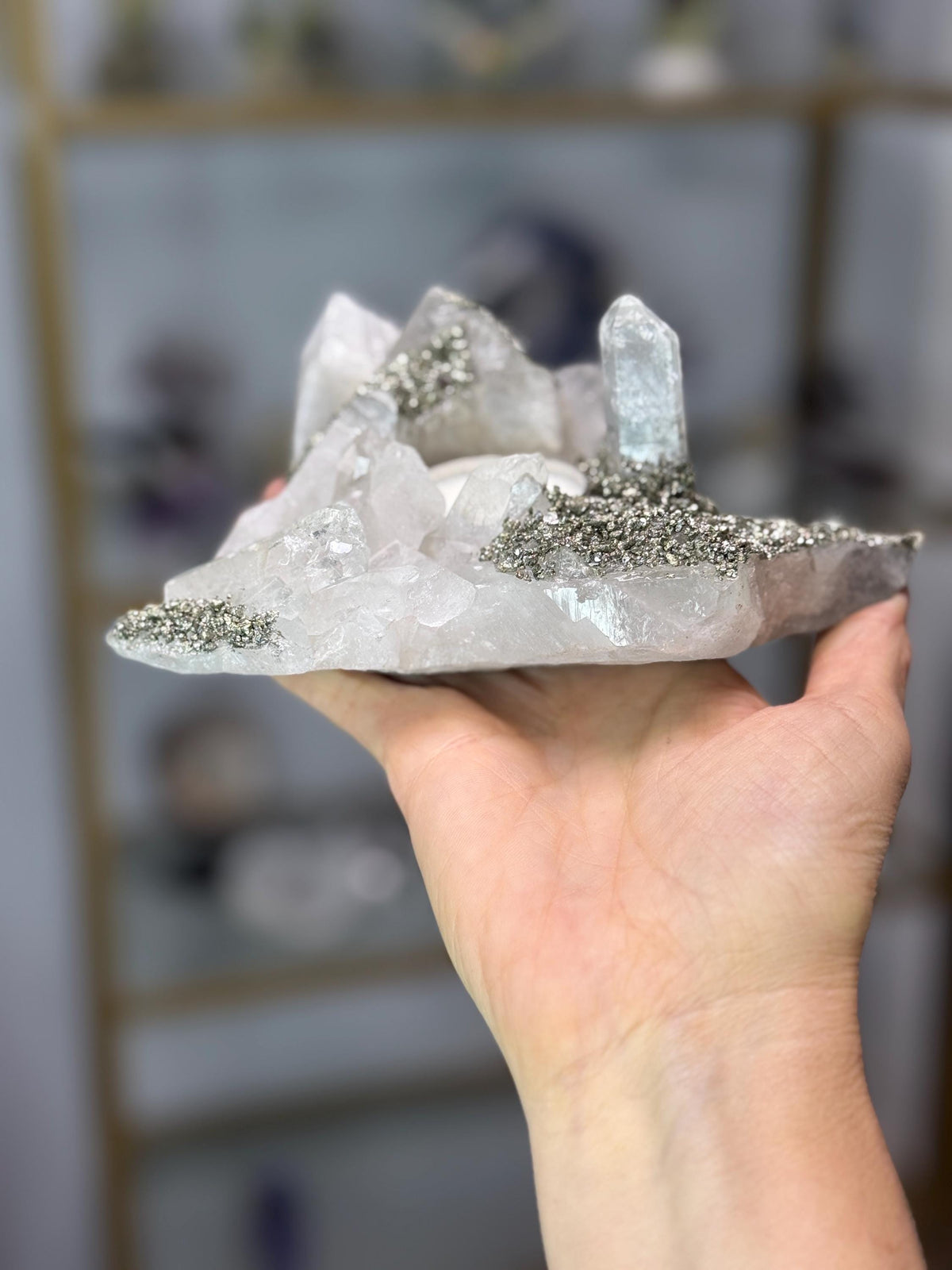 Quartz & Pyrite Crystal Candle Holder, Clear Quartz Cluster, Crystal Home Decor, Luxury Candle Holder, One of a Kind Crystal Art