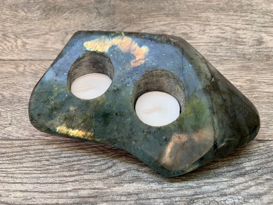 Large Labradorite Double Tea Light Holder, Labradorite Slab, Candle Holder, Home Accessories, Home Decor, Metaphysical, High Vibration
