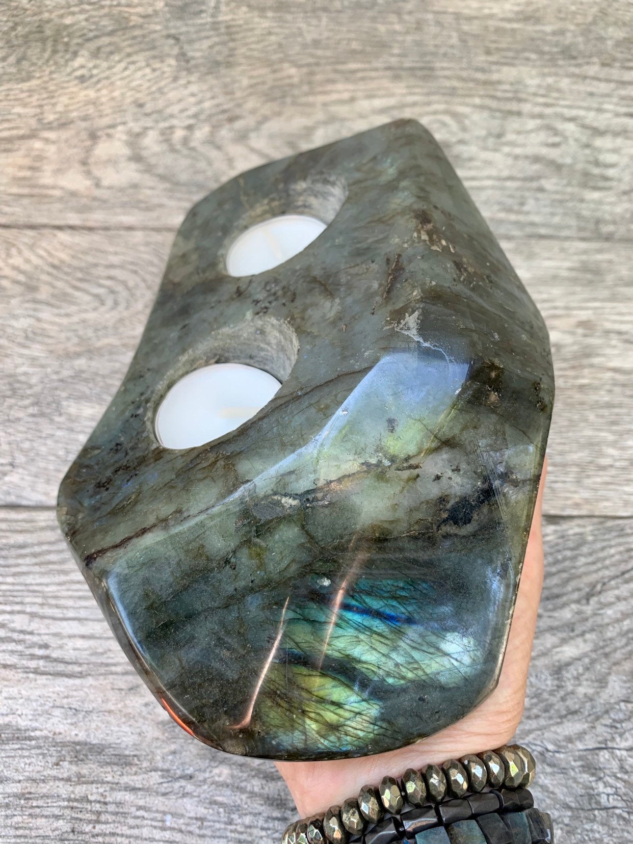 Large Labradorite Double Tea Light Holder, Labradorite Slab, Candle Holder, Home Accessories, Home Decor, Metaphysical, High Vibration
