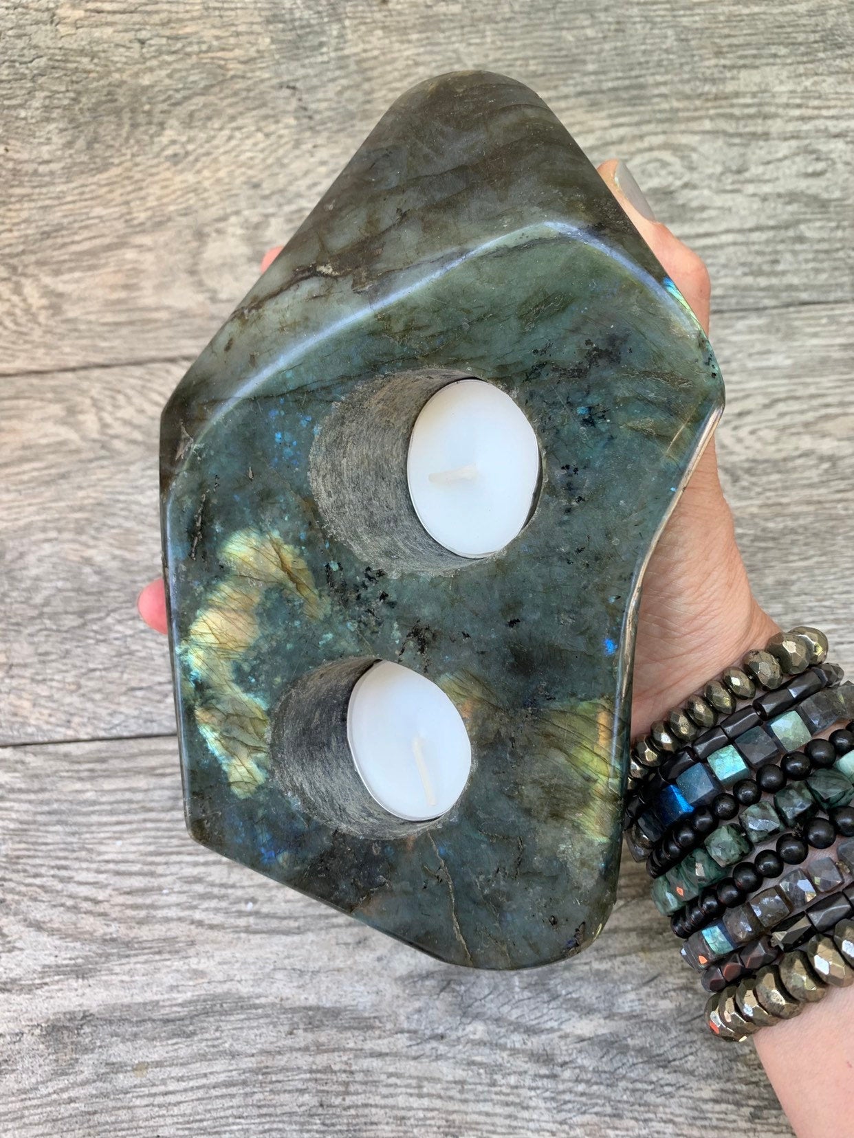 Large Labradorite Double Tea Light Holder, Labradorite Slab, Candle Holder, Home Accessories, Home Decor, Metaphysical, High Vibration