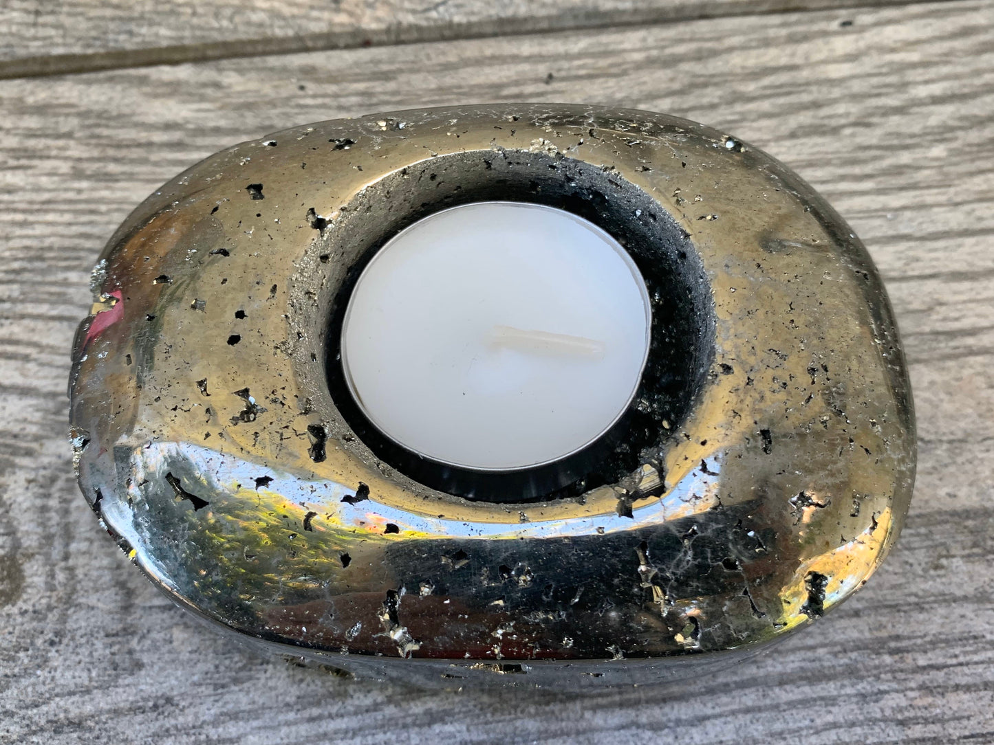 Pyrite Tea Light Holder, Raw Pyrite Candleholder, Oval Candleholder, Pyrite Carving, Home Accessories, Home Decor, Amethyst, Reiki, Chakra,