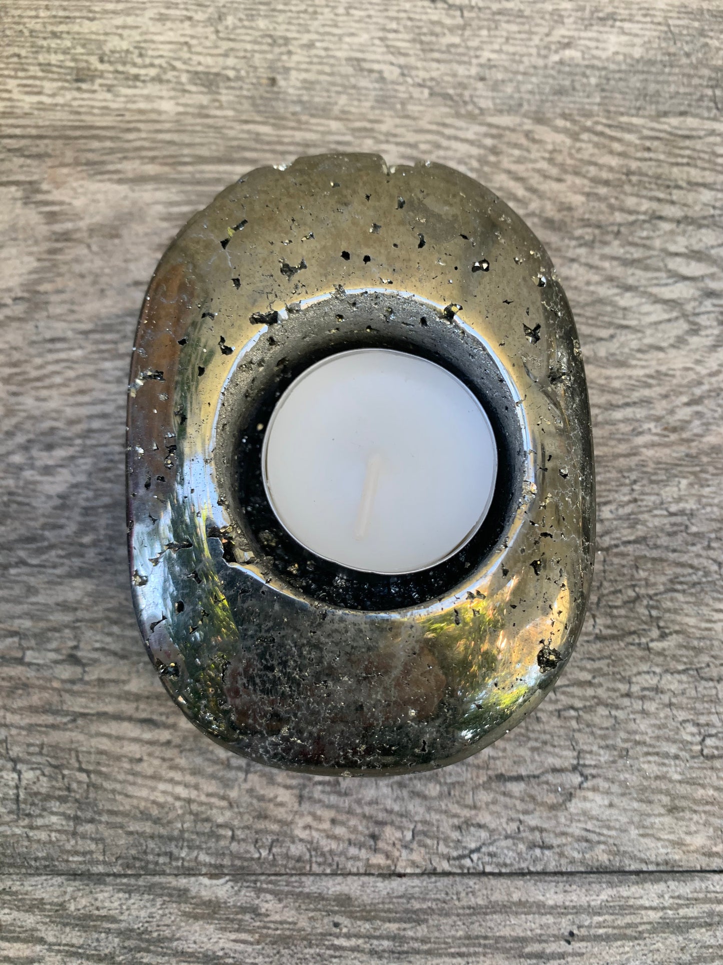 Pyrite Tea Light Holder, Raw Pyrite Candleholder, Oval Candleholder, Pyrite Carving, Home Accessories, Home Decor, Amethyst, Reiki, Chakra,