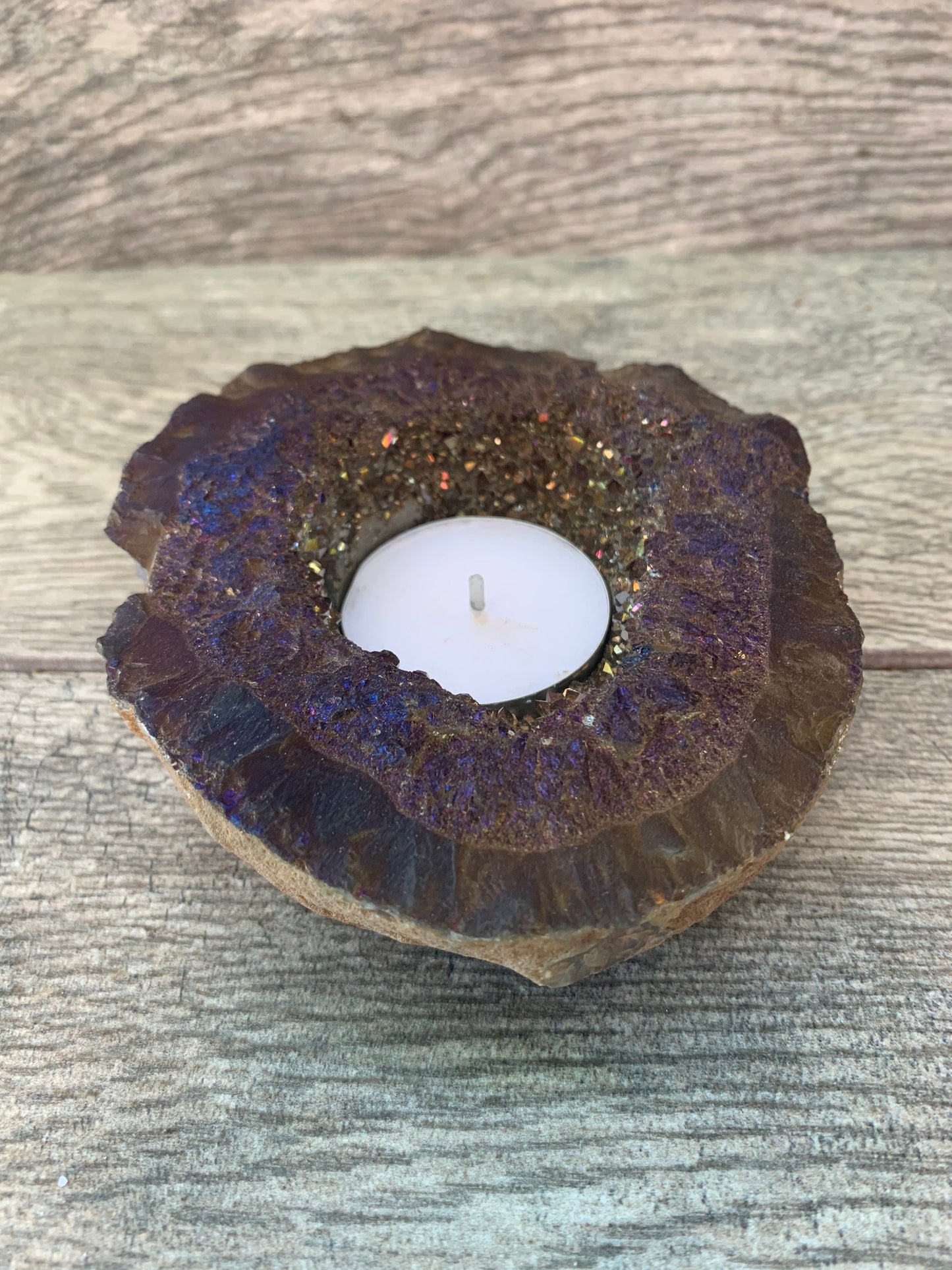 Titanium Aura Candle Holder, Aura Quartz Geode,Home Accessories, Home Decor, Amethyst, Reiki, Chakra, Meditation, Altar
