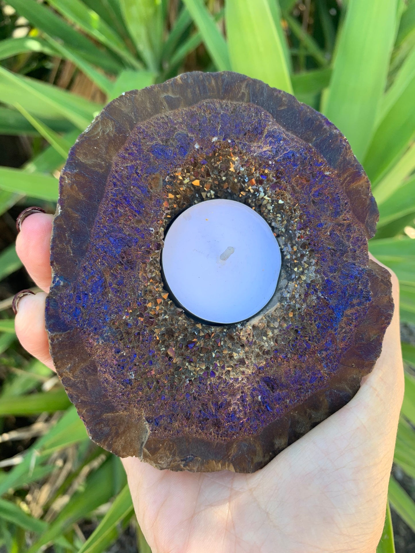 Titanium Aura Candle Holder, Aura Quartz Geode,Home Accessories, Home Decor, Amethyst, Reiki, Chakra, Meditation, Altar