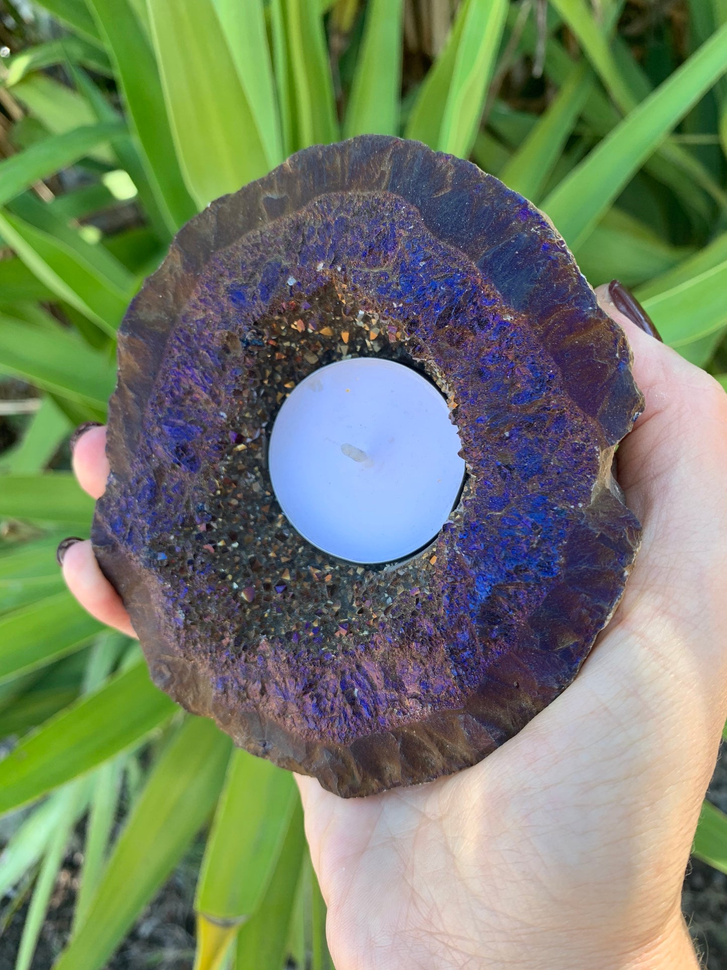 Titanium Aura Candle Holder, Aura Quartz Geode,Home Accessories, Home Decor, Amethyst, Reiki, Chakra, Meditation, Altar