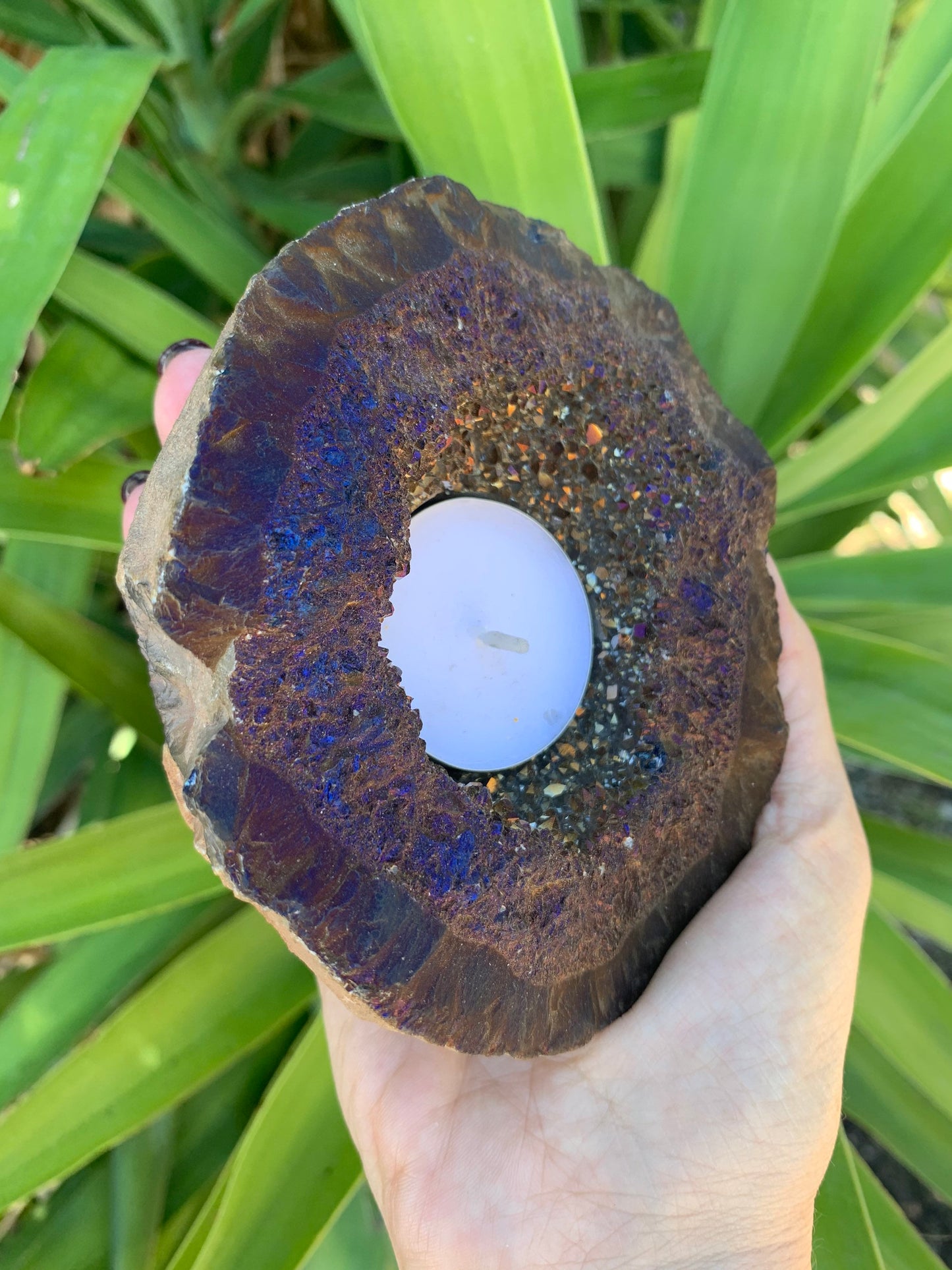 Titanium Aura Candle Holder, Aura Quartz Geode,Home Accessories, Home Decor, Amethyst, Reiki, Chakra, Meditation, Altar