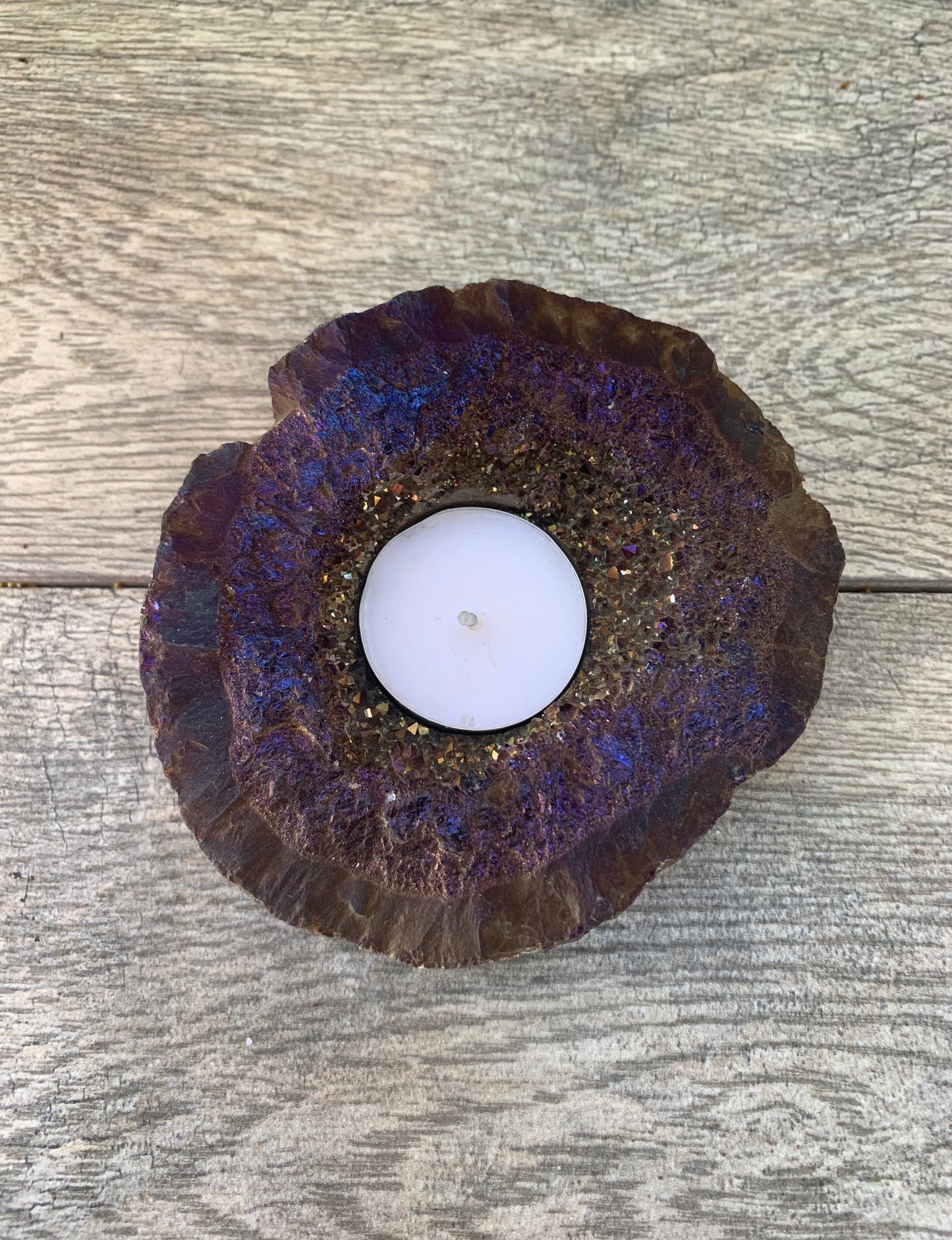 Titanium Aura Candle Holder, Aura Quartz Geode,Home Accessories, Home Decor, Amethyst, Reiki, Chakra, Meditation, Altar