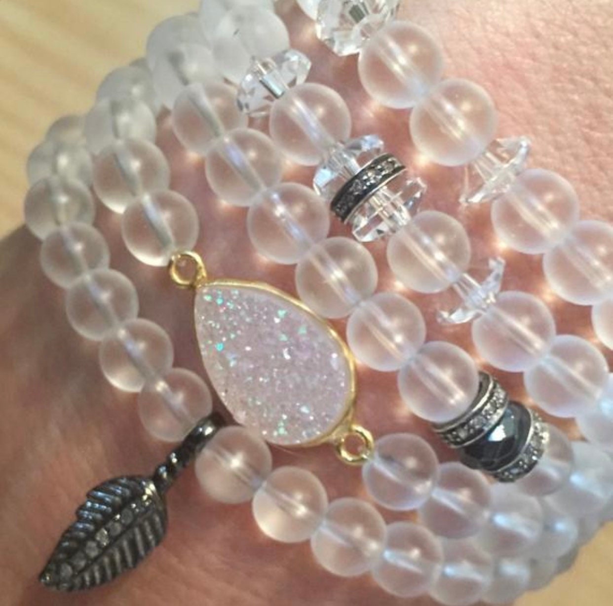 Diamond & Onyx Bracelet, Pave Diamond Feather Bracelet, Matte Black Onyx Bracelet, Stacking Bracelet, Matte Quartz Crystal Stretchy Bracelet