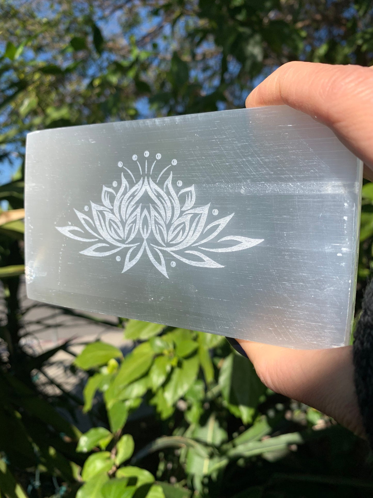 Large Lotus Charging Plate, Etched Selenite Lotus, Large Selenite Rectangle Sacred Symbols, Sacred Space, Energy Clearing